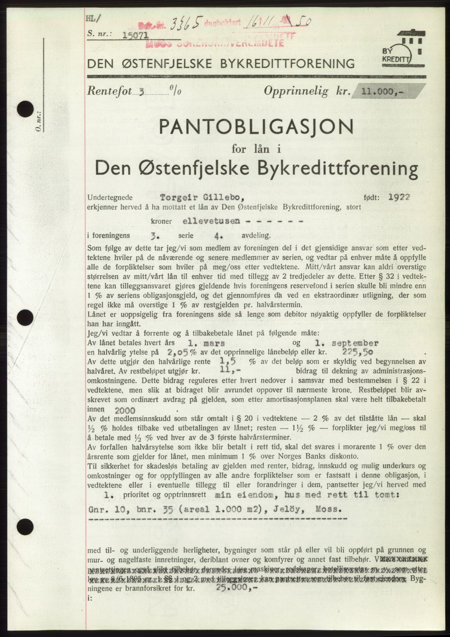Moss sorenskriveri, SAO/A-10168: Pantebok nr. B25, 1950-1950, Dagboknr: 3365/1950