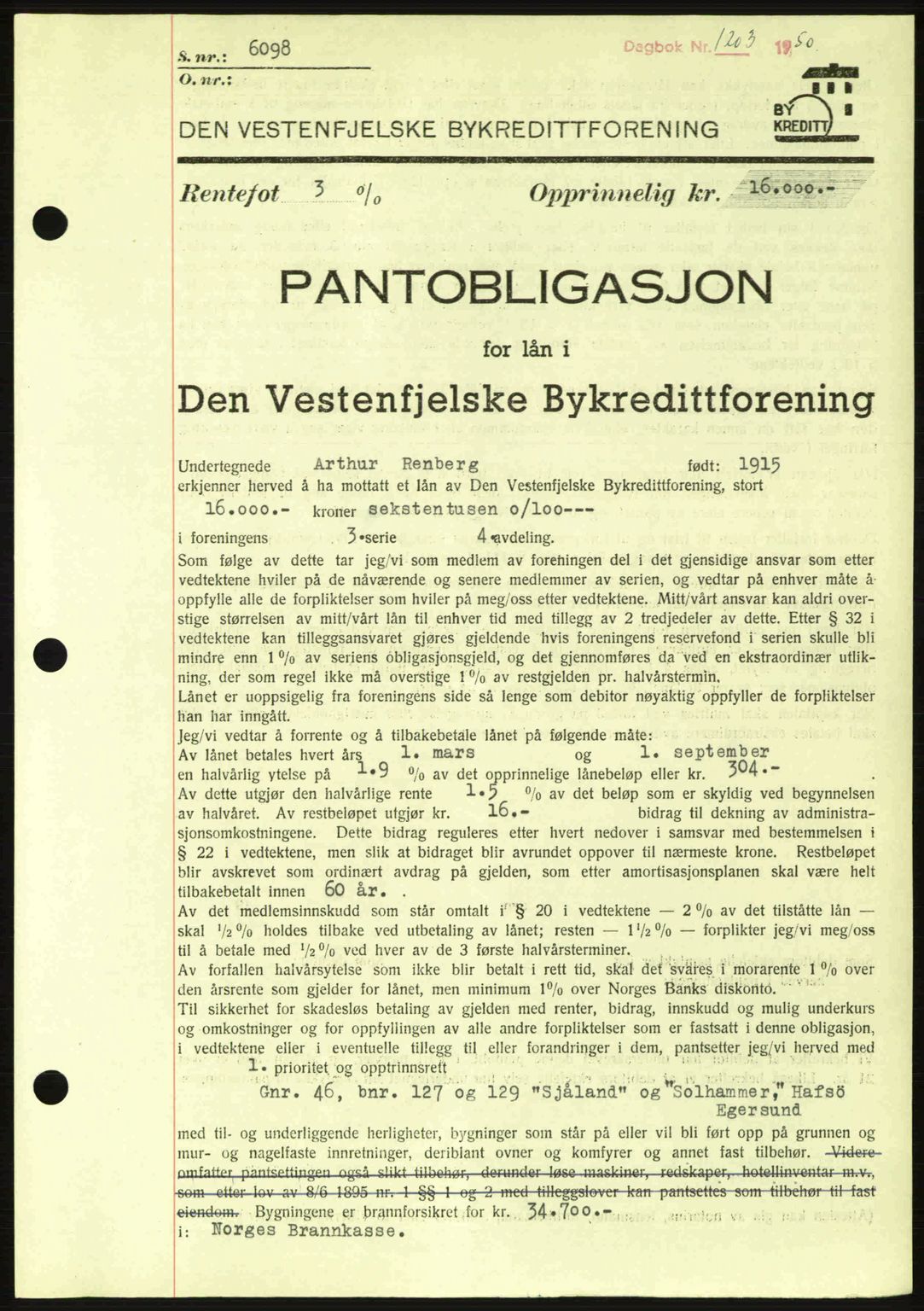 Dalane sorenskriveri, SAST/A-100309/02/G/Gb/L0057: Pantebok nr. B6-11, 1946-1950, Dagboknr: 1203/1950