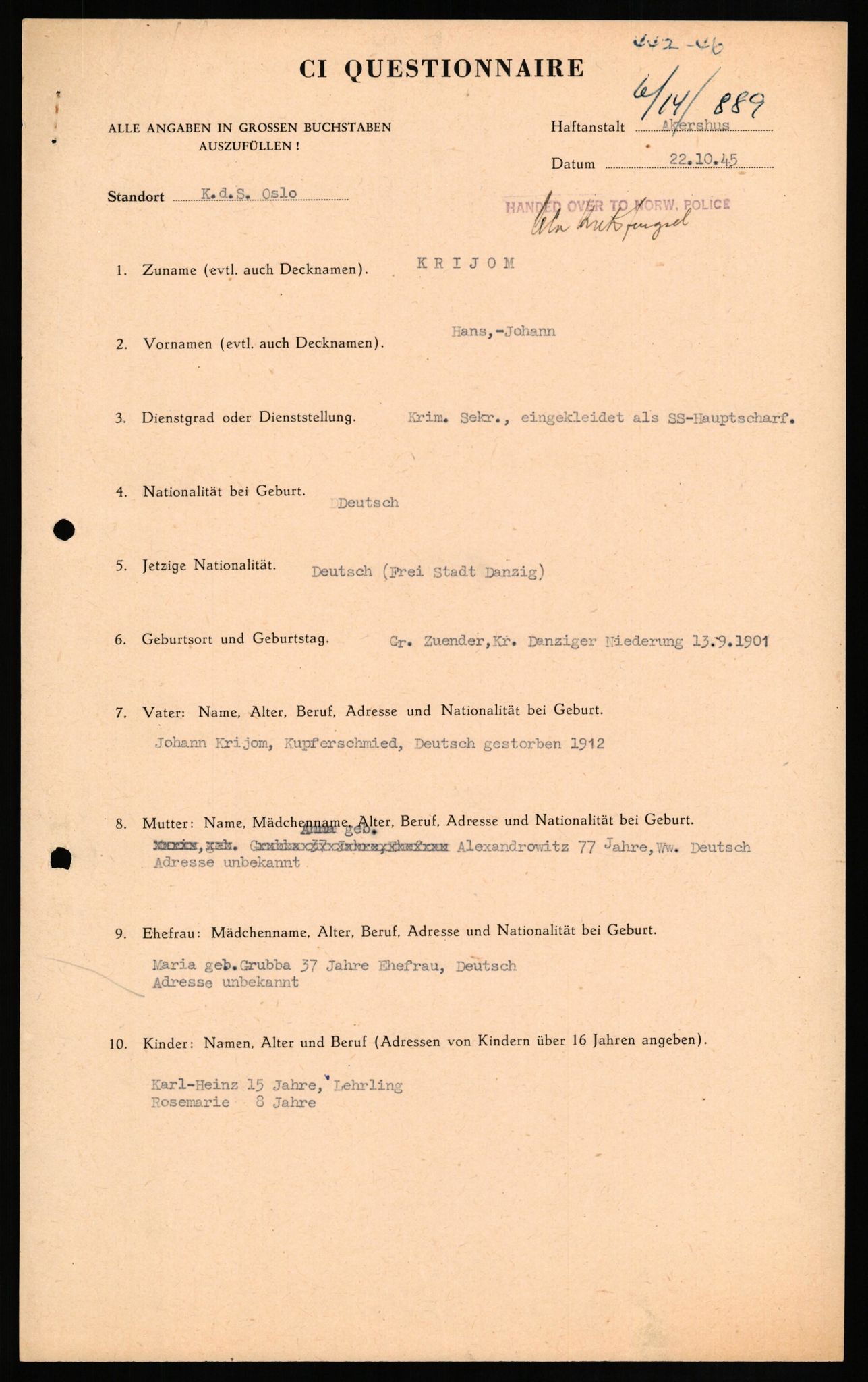 Forsvaret, Forsvarets overkommando II, AV/RA-RAFA-3915/D/Db/L0018: CI Questionaires. Tyske okkupasjonsstyrker i Norge. Tyskere., 1945-1946, s. 202