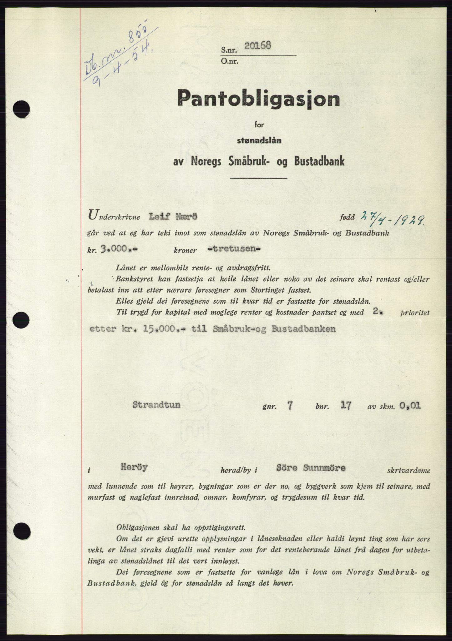 Søre Sunnmøre sorenskriveri, SAT/A-4122/1/2/2C/L0124: Pantebok nr. 12B, 1953-1954, Dagboknr: 855/1954