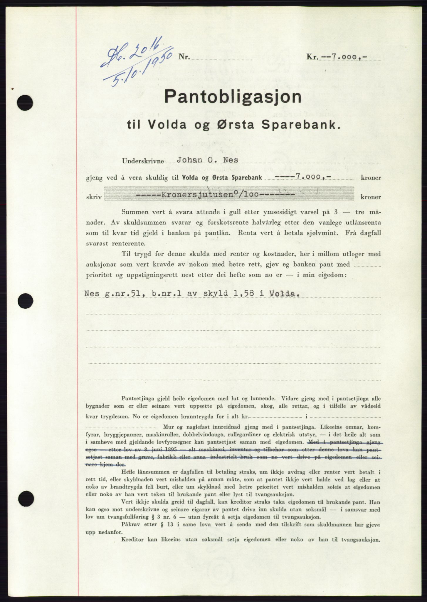 Søre Sunnmøre sorenskriveri, AV/SAT-A-4122/1/2/2C/L0119: Pantebok nr. 7B, 1950-1951, Dagboknr: 2016/1950