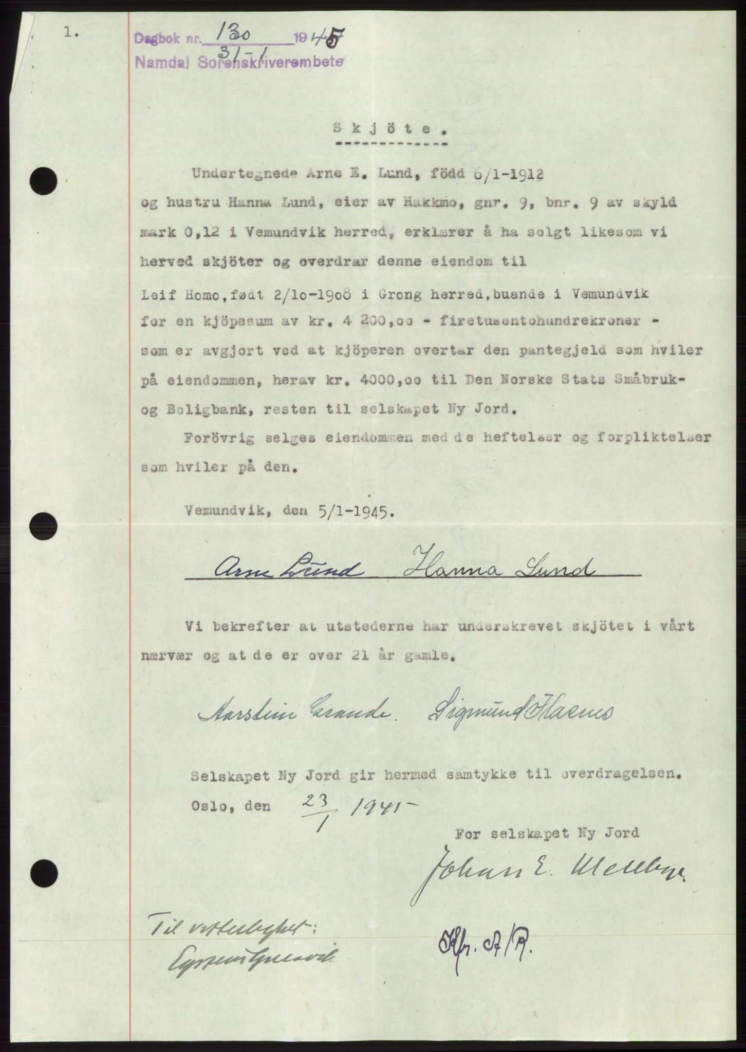 Namdal sorenskriveri, SAT/A-4133/1/2/2C: Pantebok nr. -, 1944-1945, Dagboknr: 130/1945