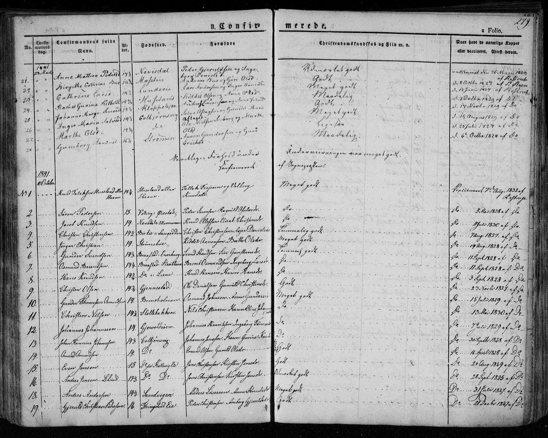 Øyestad sokneprestkontor, AV/SAK-1111-0049/F/Fa/L0013: Ministerialbok nr. A 13, 1827-1842, s. 279