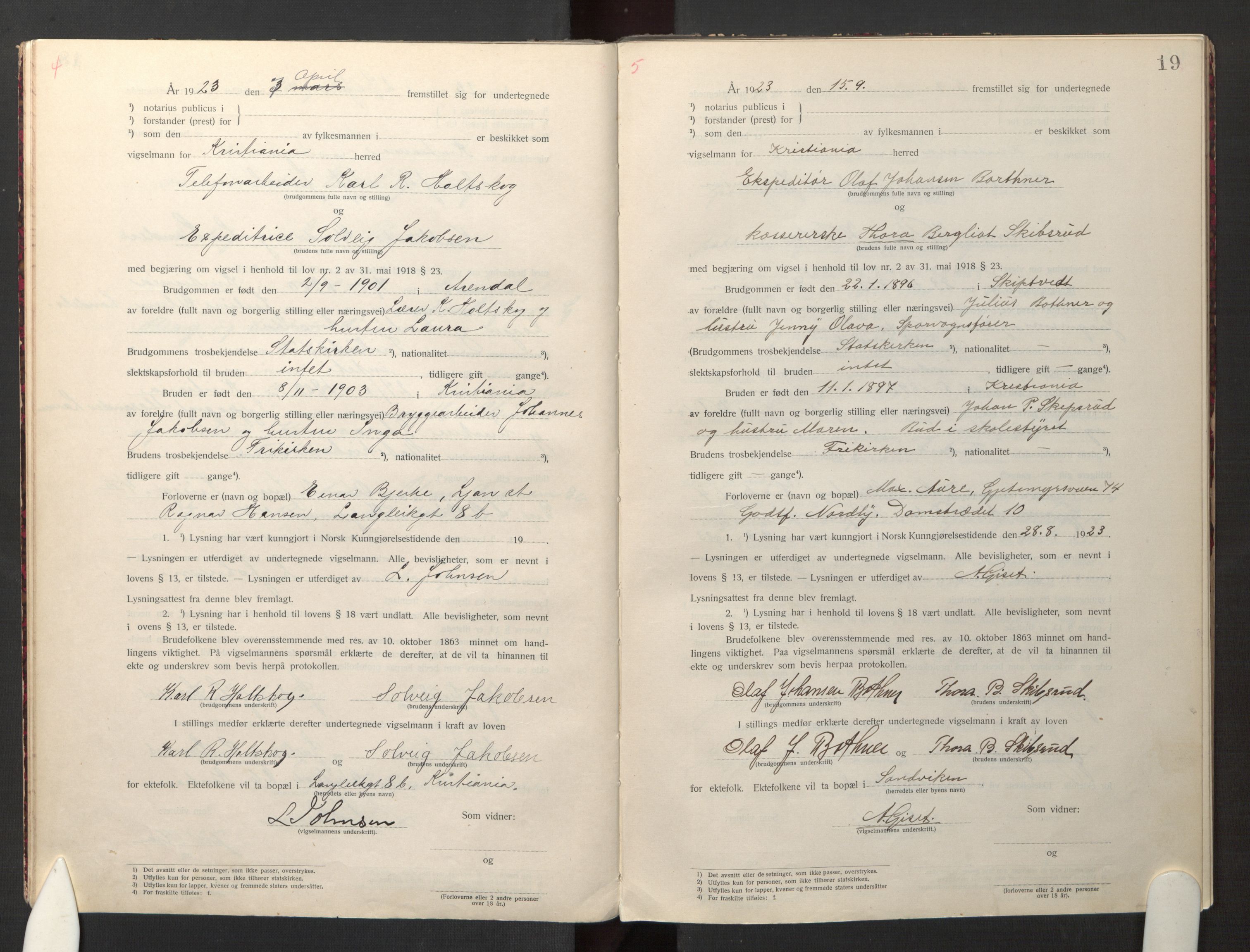 Den evangelisk-lutherske frikirke østre menighet, Oslo, AV/SAO-PAO-0245/F/L0005: Vigselsbok (dissentere) nr. 5, 1920-1941, s. 19