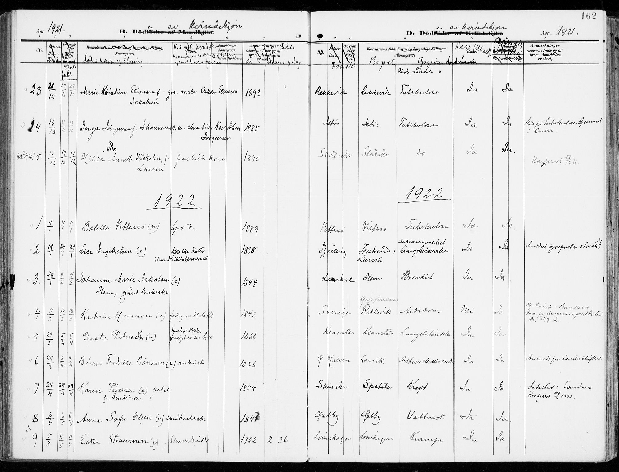 Tjølling kirkebøker, AV/SAKO-A-60/F/Fa/L0010: Ministerialbok nr. 10, 1906-1923, s. 162
