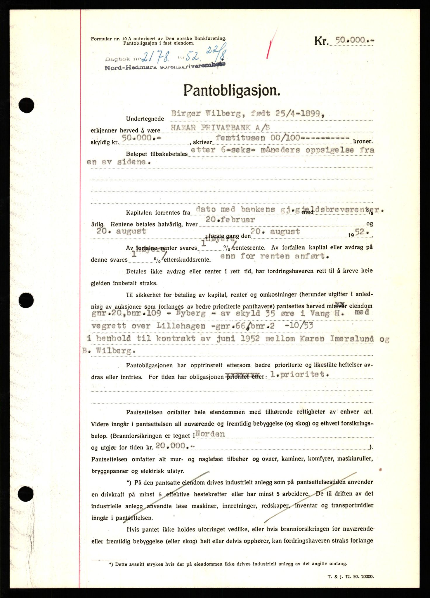 Nord-Hedmark sorenskriveri, SAH/TING-012/H/Hb/Hbf/L0025: Pantebok nr. B25, 1952-1952, Dagboknr: 2178/1952