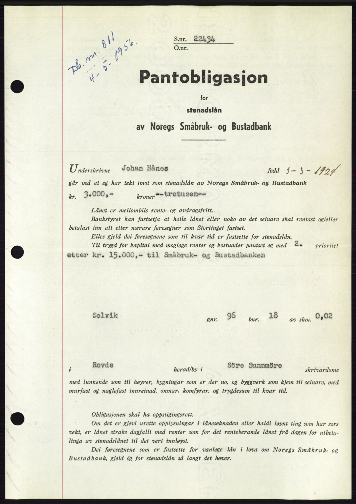Søre Sunnmøre sorenskriveri, SAT/A-4122/1/2/2C/L0128: Pantebok nr. 16B, 1956-1956, Dagboknr: 811/1956