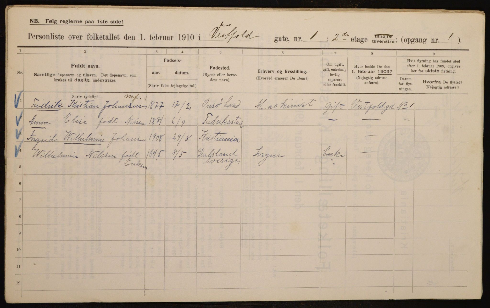 OBA, Kommunal folketelling 1.2.1910 for Kristiania, 1910, s. 116003