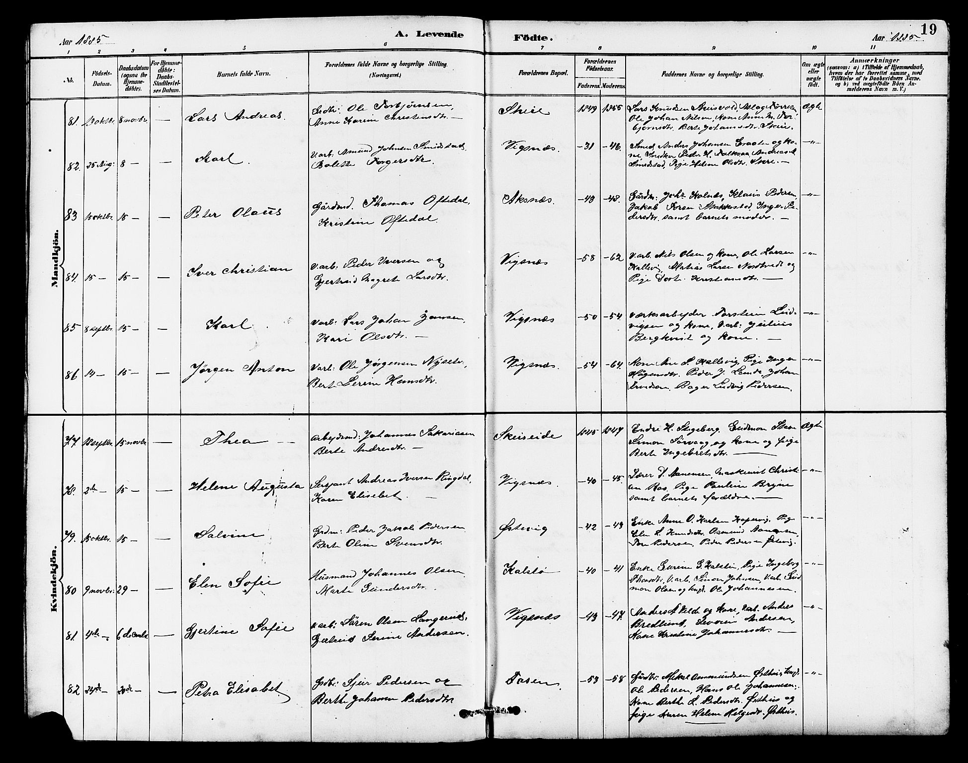 Avaldsnes sokneprestkontor, AV/SAST-A -101851/H/Ha/Hab/L0007: Klokkerbok nr. B 7, 1885-1909, s. 19