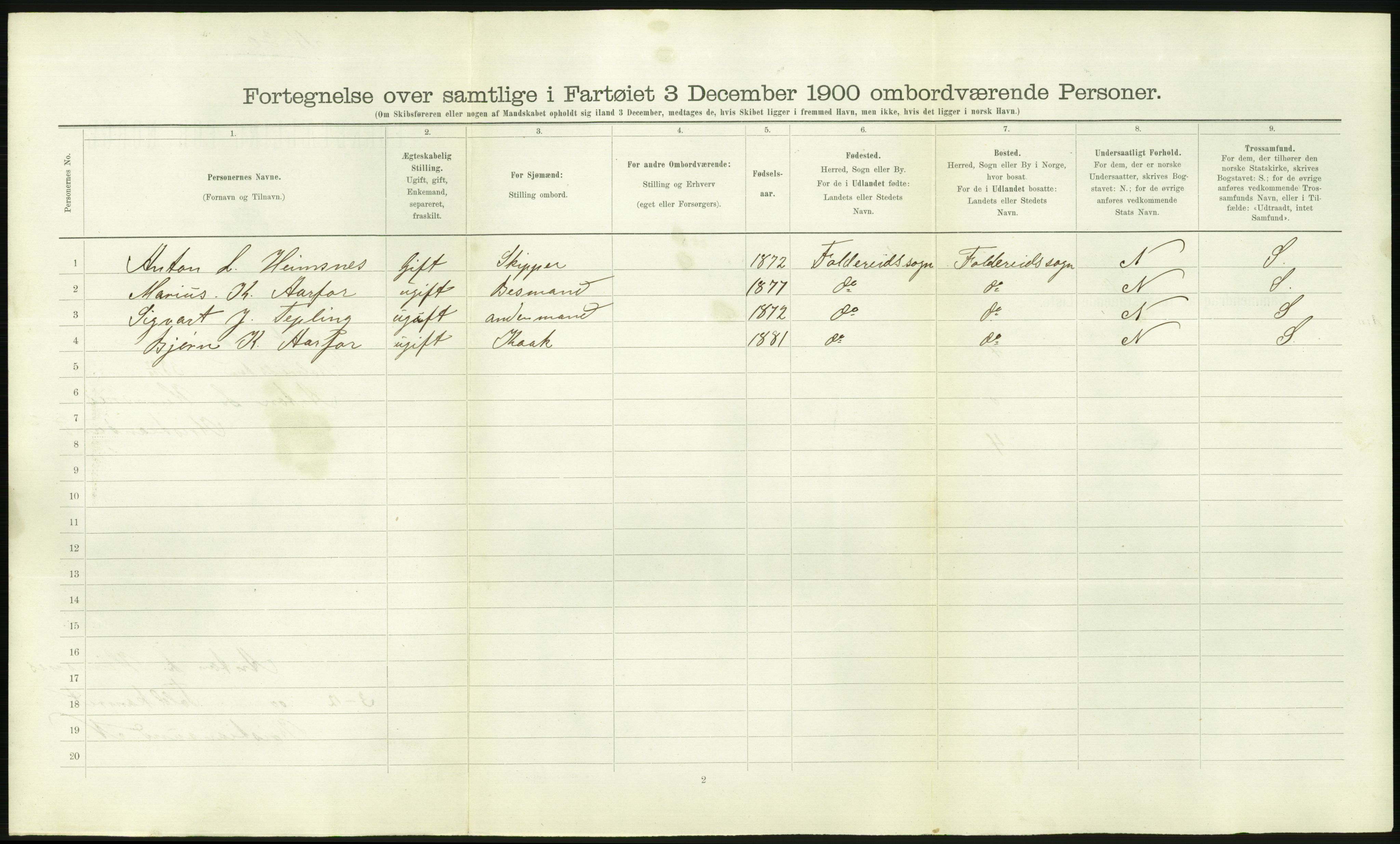 RA, Folketelling 1900 - skipslister med personlister for skip i norske havner, utenlandske havner og til havs, 1900, s. 2182