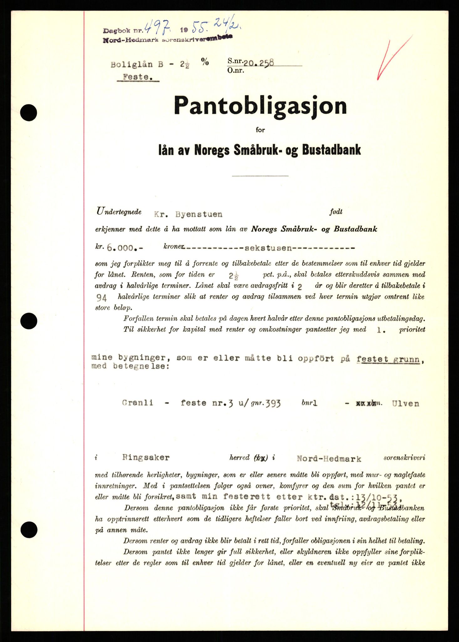 Nord-Hedmark sorenskriveri, SAH/TING-012/H/Hb/Hbf/L0032: Pantebok nr. B32, 1955-1955, Dagboknr: 497/1952