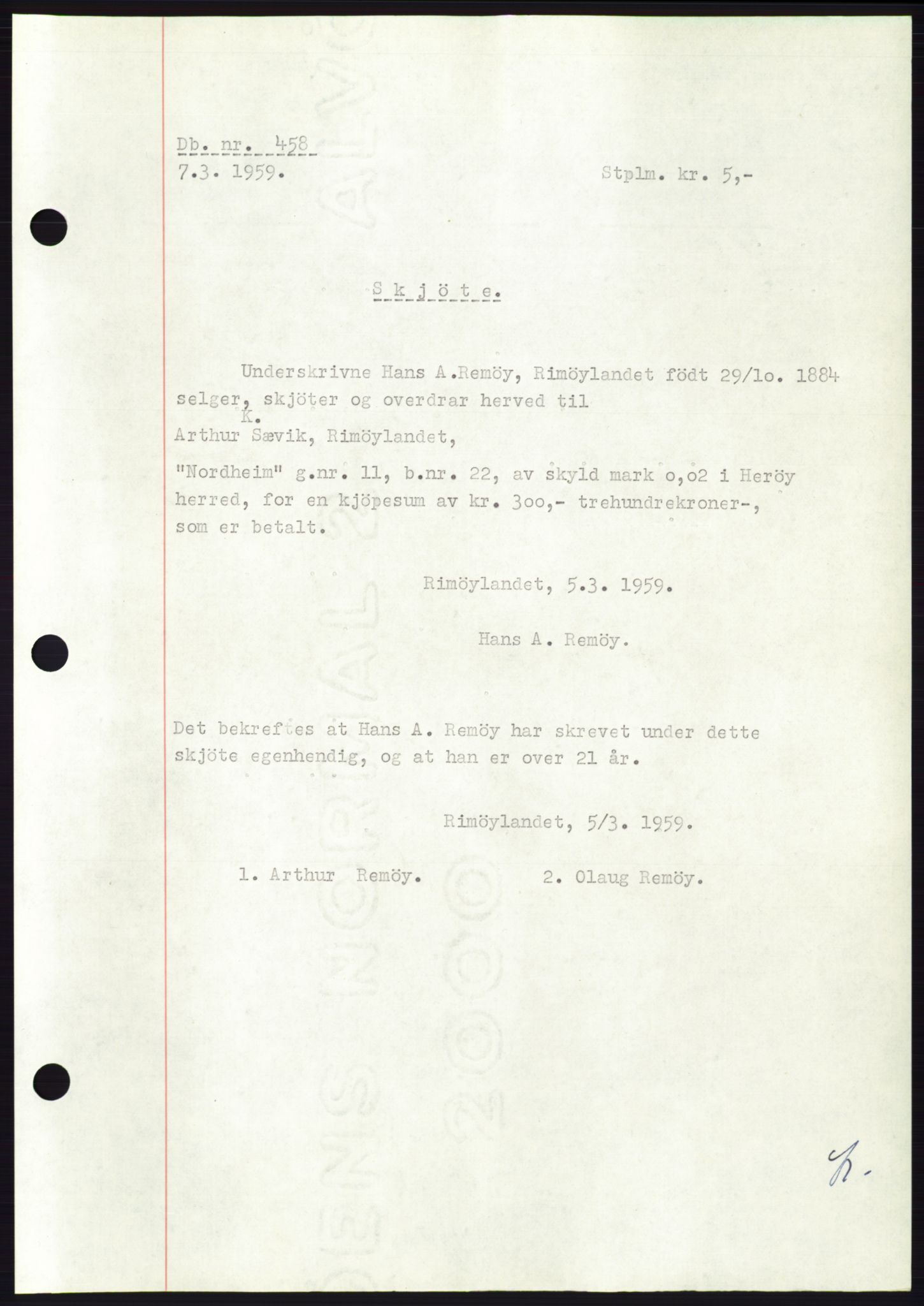 Søre Sunnmøre sorenskriveri, SAT/A-4122/1/2/2C/L0112: Pantebok nr. 38A, 1959-1959, Dagboknr: 458/1959