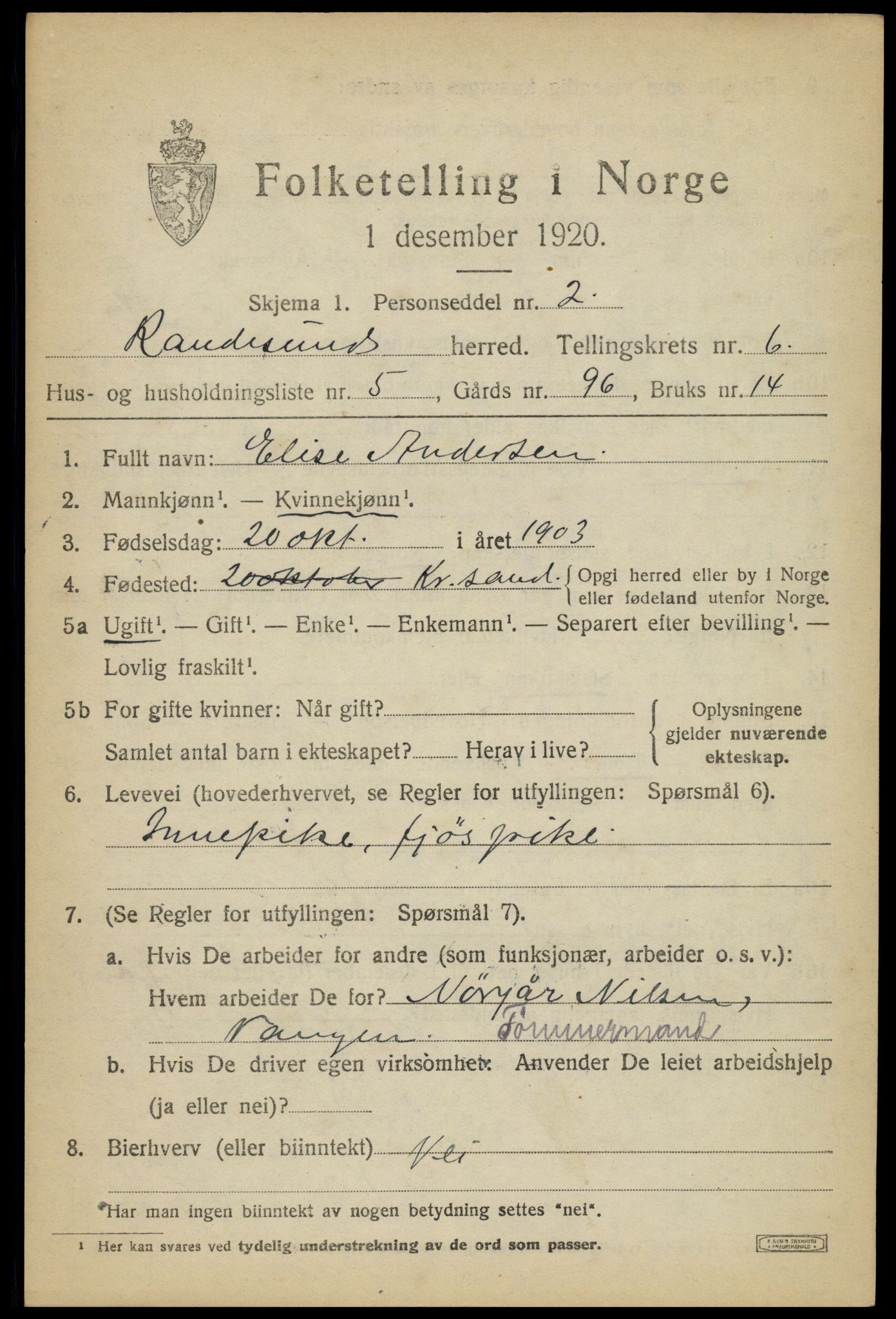 SAK, Folketelling 1920 for 1011 Randesund herred, 1920, s. 2784