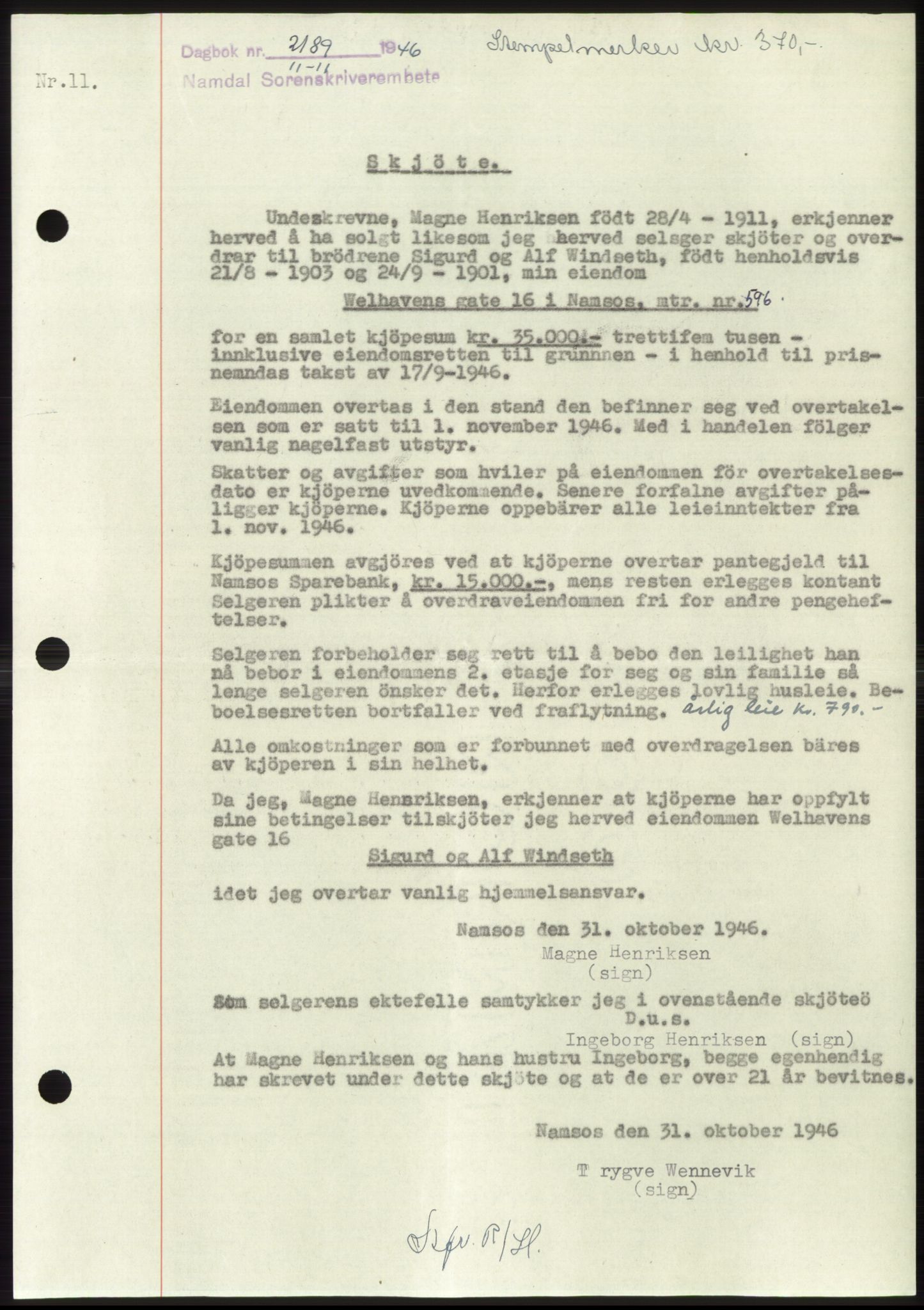 Namdal sorenskriveri, SAT/A-4133/1/2/2C: Pantebok nr. -, 1946-1947, Dagboknr: 2189/1946