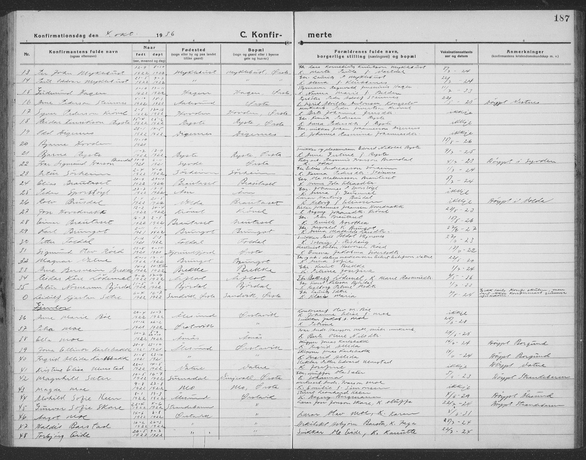 Ministerialprotokoller, klokkerbøker og fødselsregistre - Møre og Romsdal, AV/SAT-A-1454/513/L0191: Klokkerbok nr. 513C05, 1920-1941, s. 187