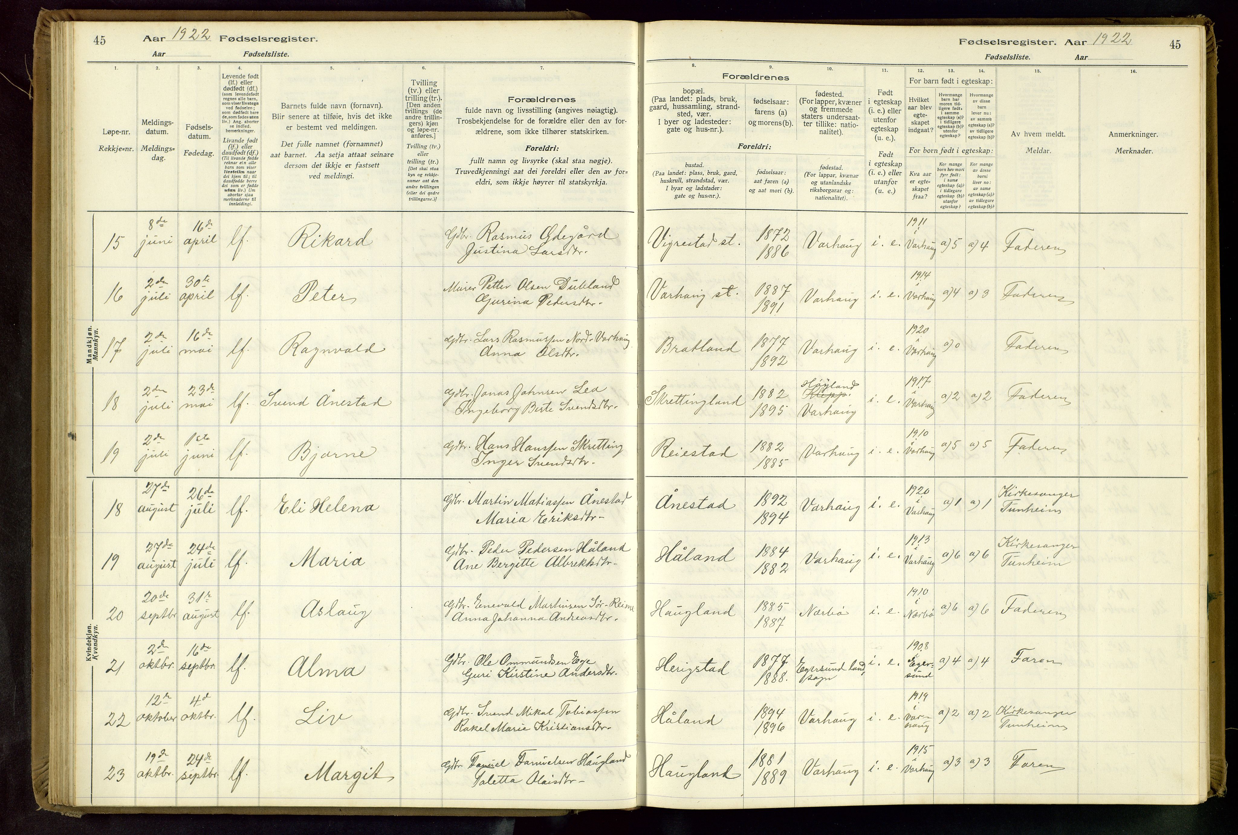 Hå sokneprestkontor, AV/SAST-A-101801/001/704BA/L0001: Fødselsregister nr. 1, 1916-1944, s. 45