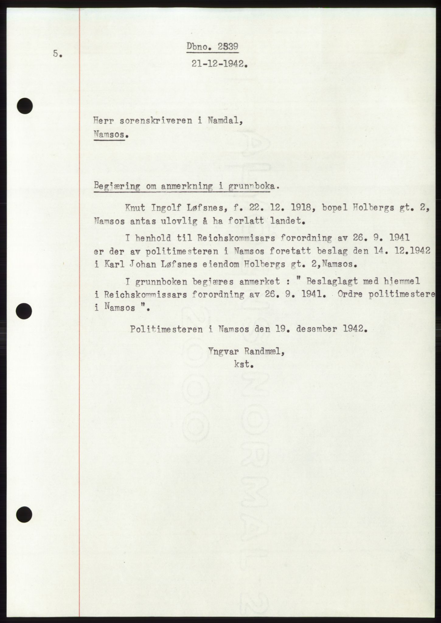 Namdal sorenskriveri, SAT/A-4133/1/2/2C: Pantebok nr. -, 1942-1943, Dagboknr: 2539/1942