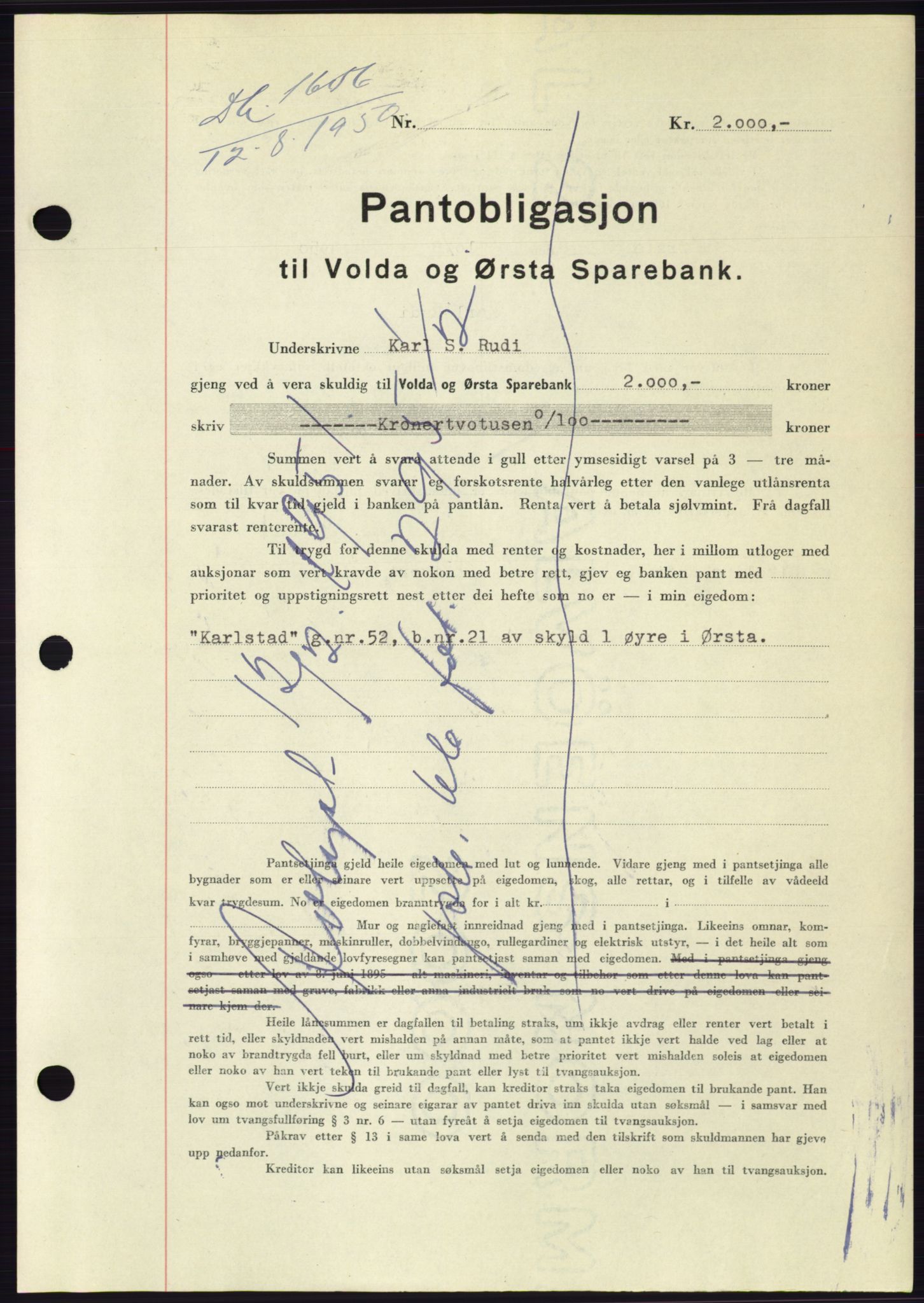 Søre Sunnmøre sorenskriveri, AV/SAT-A-4122/1/2/2C/L0119: Pantebok nr. 7B, 1950-1951, Dagboknr: 1656/1950