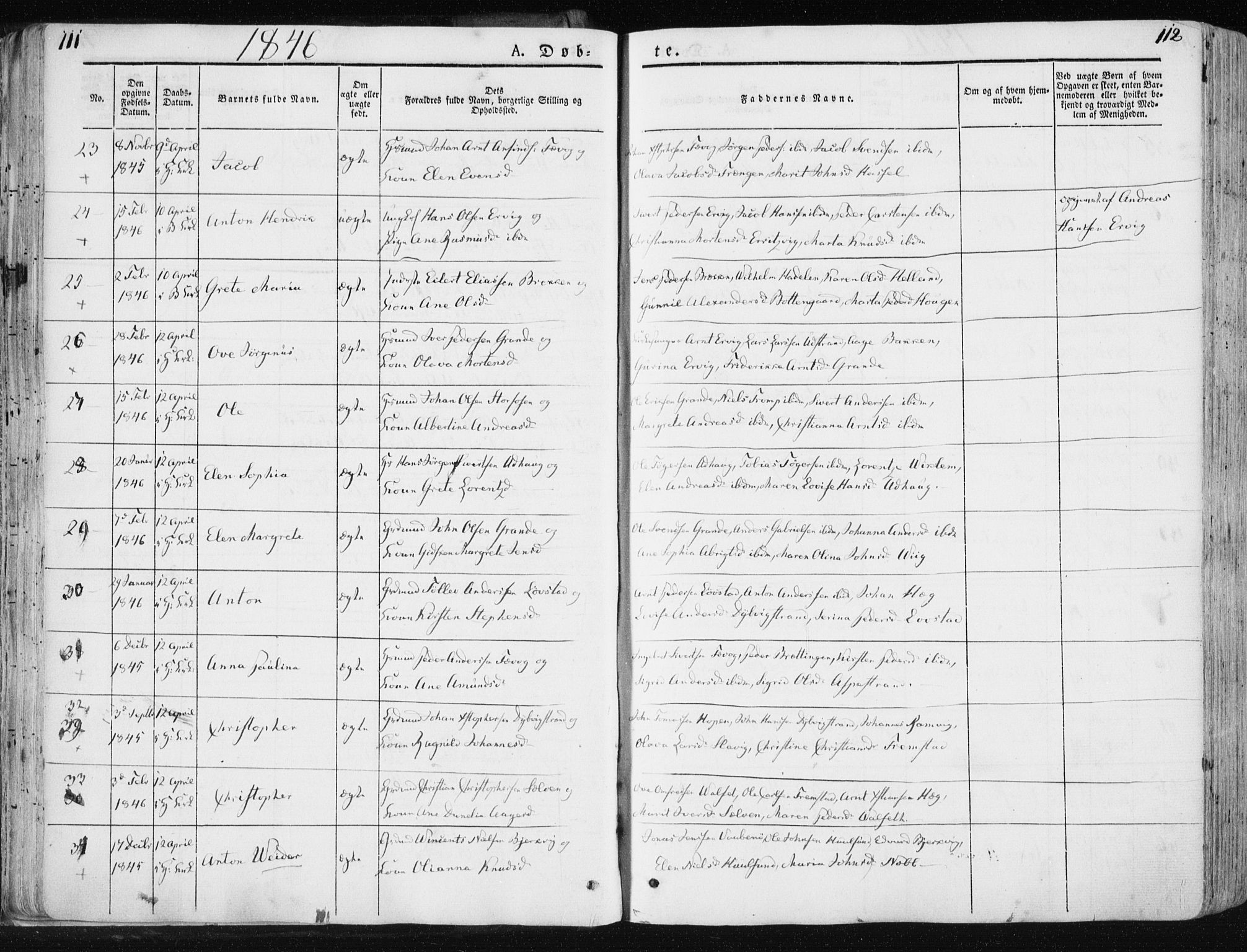 Ministerialprotokoller, klokkerbøker og fødselsregistre - Sør-Trøndelag, SAT/A-1456/659/L0736: Ministerialbok nr. 659A06, 1842-1856, s. 111-112