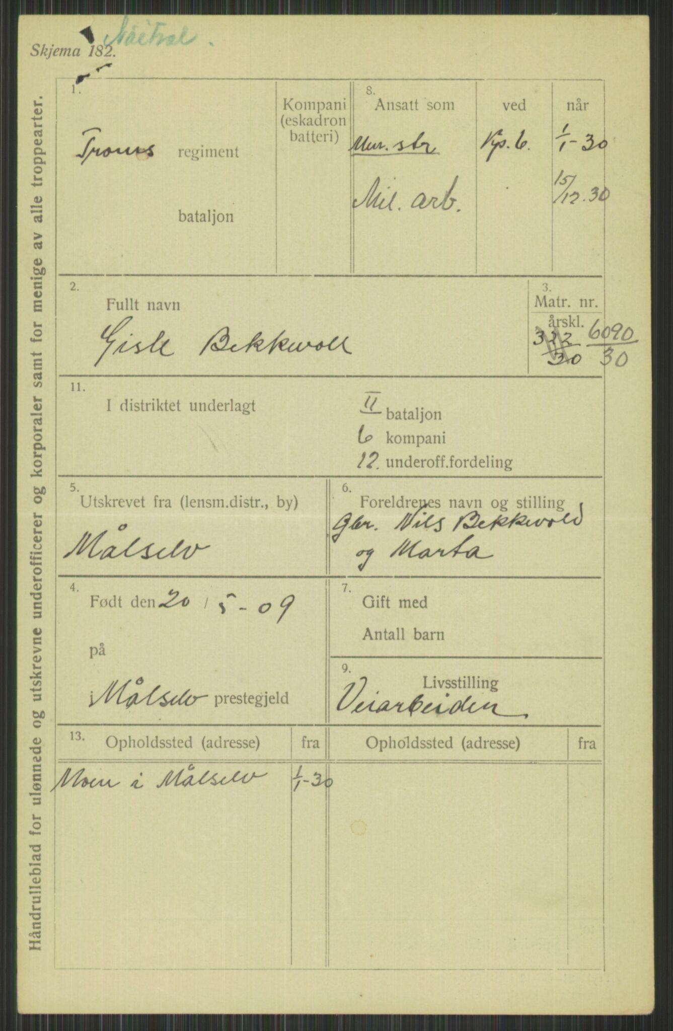 Forsvaret, Troms infanteriregiment nr. 16, AV/RA-RAFA-3146/P/Pa/L0014: Rulleblad for regimentets menige mannskaper, årsklasse 1930, 1930, s. 61