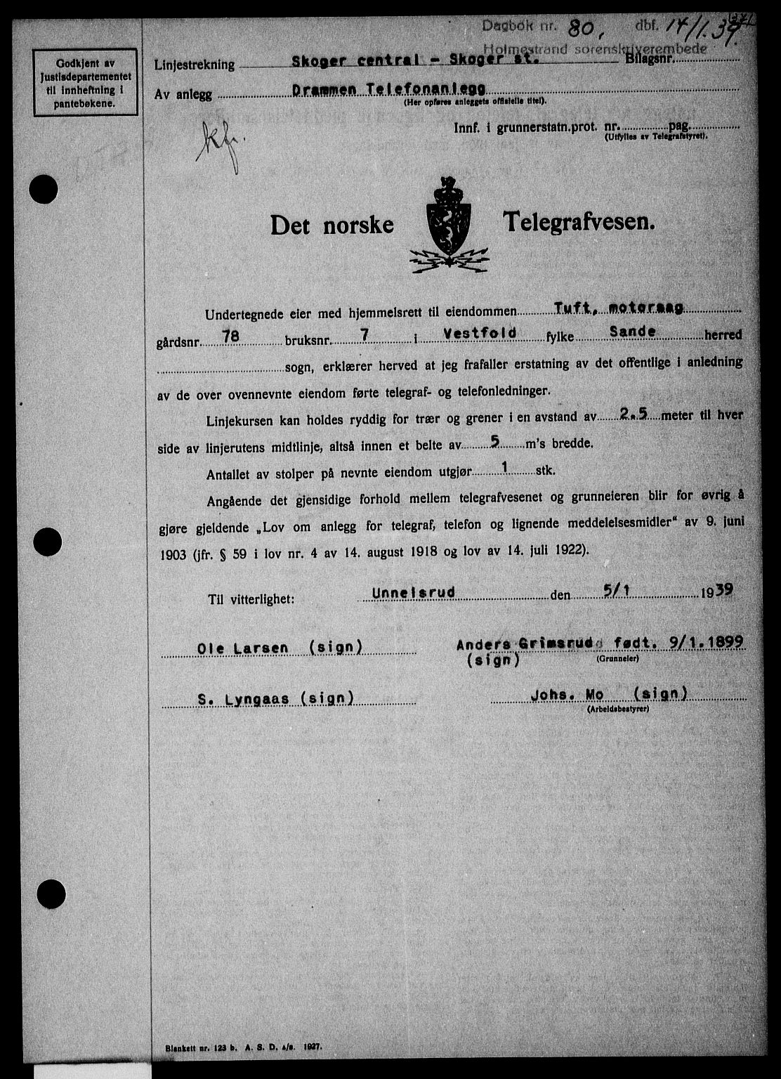 Holmestrand sorenskriveri, SAKO/A-67/G/Ga/Gaa/L0050: Pantebok nr. A-50, 1938-1939, Dagboknr: 80/1939