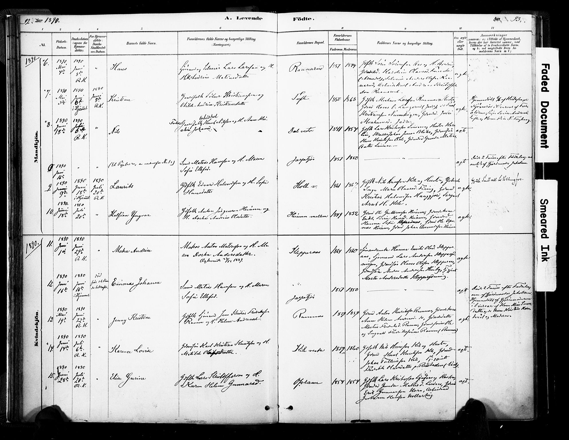 Ramnes kirkebøker, AV/SAKO-A-314/F/Fa/L0007: Ministerialbok nr. I 7, 1878-1895, s. 92-93