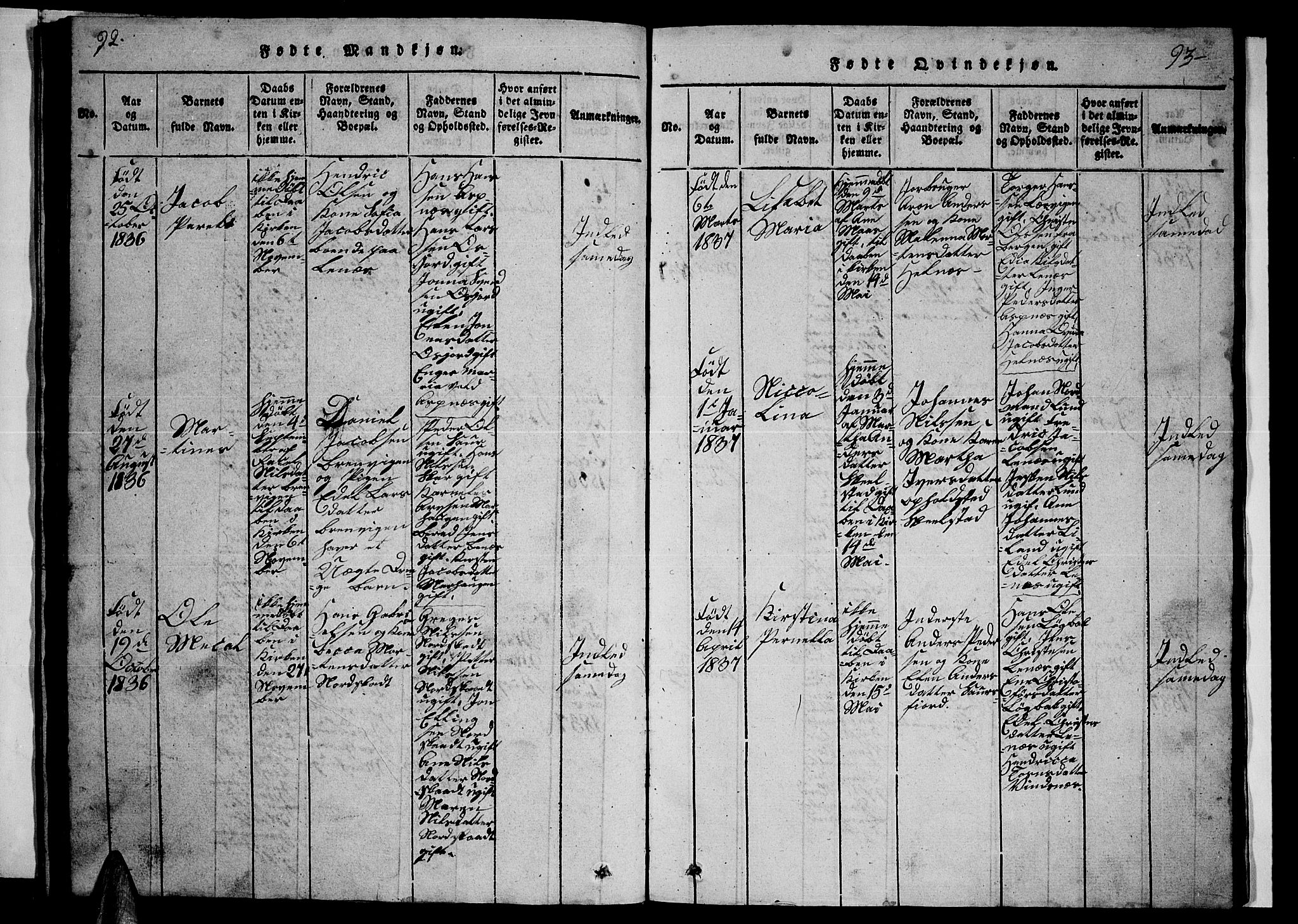 Ministerialprotokoller, klokkerbøker og fødselsregistre - Nordland, AV/SAT-A-1459/857/L0826: Klokkerbok nr. 857C01, 1821-1852, s. 92-93