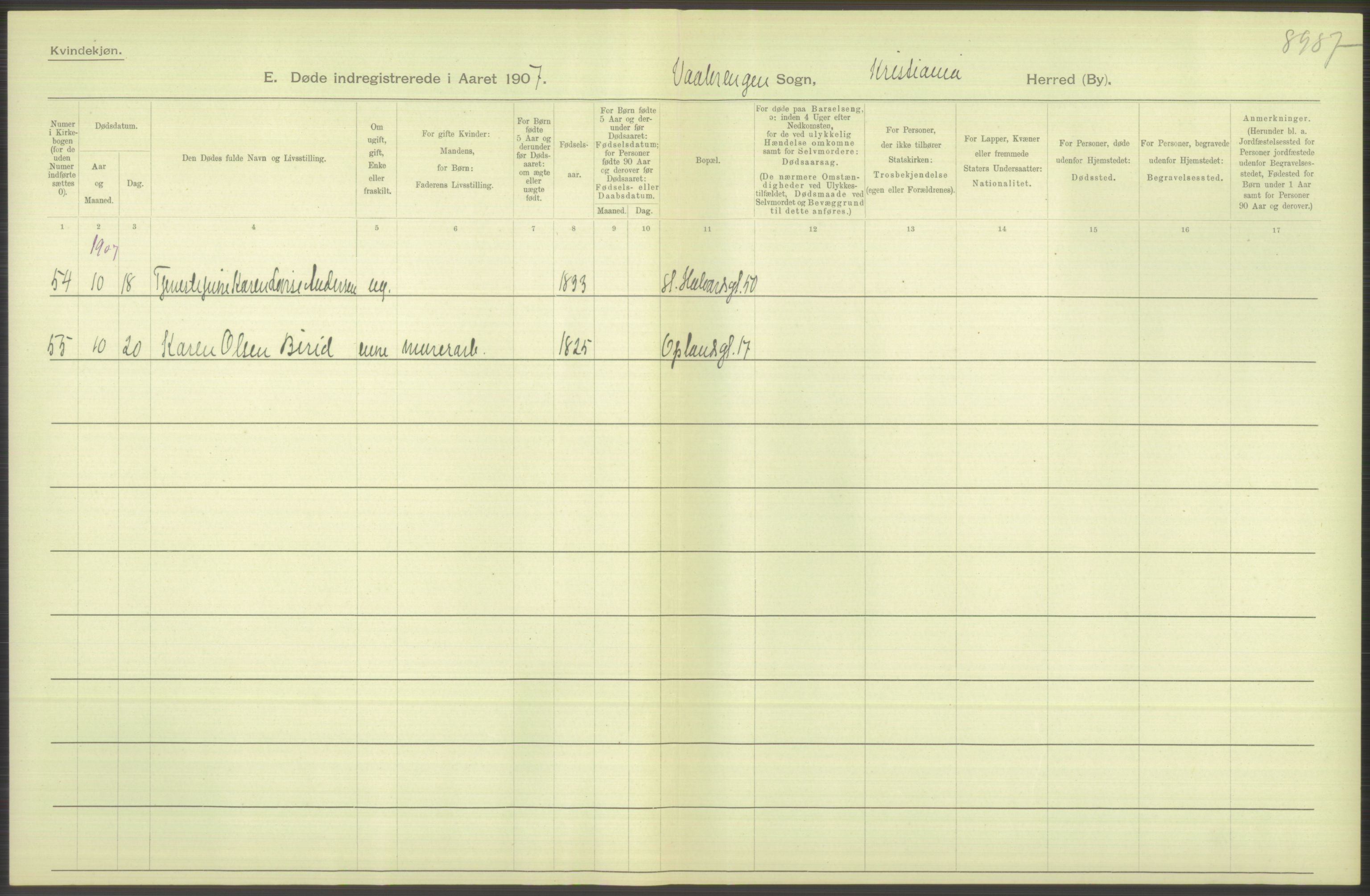 Statistisk sentralbyrå, Sosiodemografiske emner, Befolkning, RA/S-2228/D/Df/Dfa/Dfae/L0009: Kristiania: Døde, 1907, s. 506