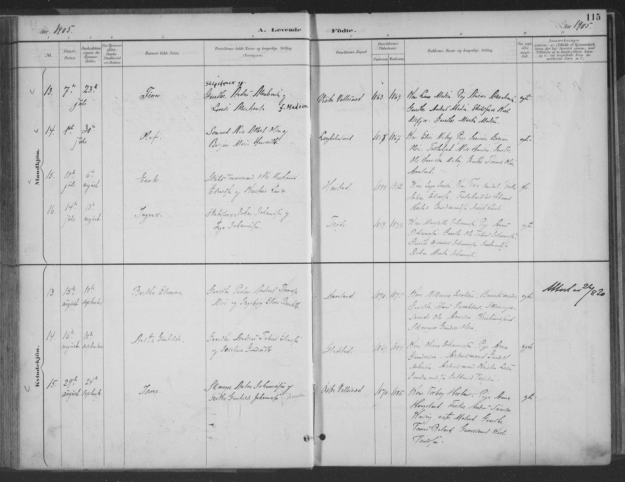 Høvåg sokneprestkontor, AV/SAK-1111-0025/F/Fa/L0006: Ministerialbok nr. A 6, 1894-1923, s. 115