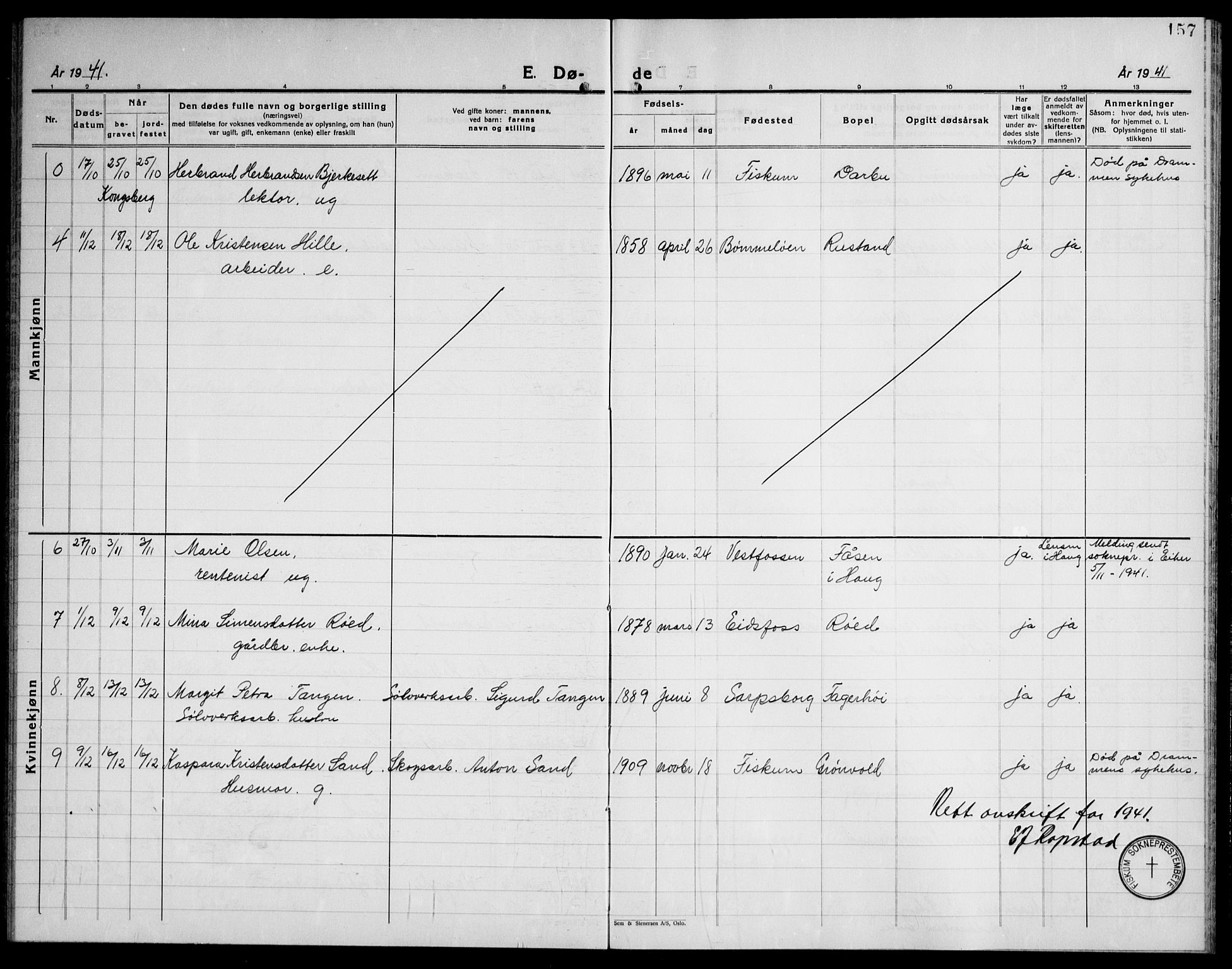 Fiskum kirkebøker, SAKO/A-15/G/Ga/L0007: Klokkerbok nr. 7, 1928-1945, s. 157