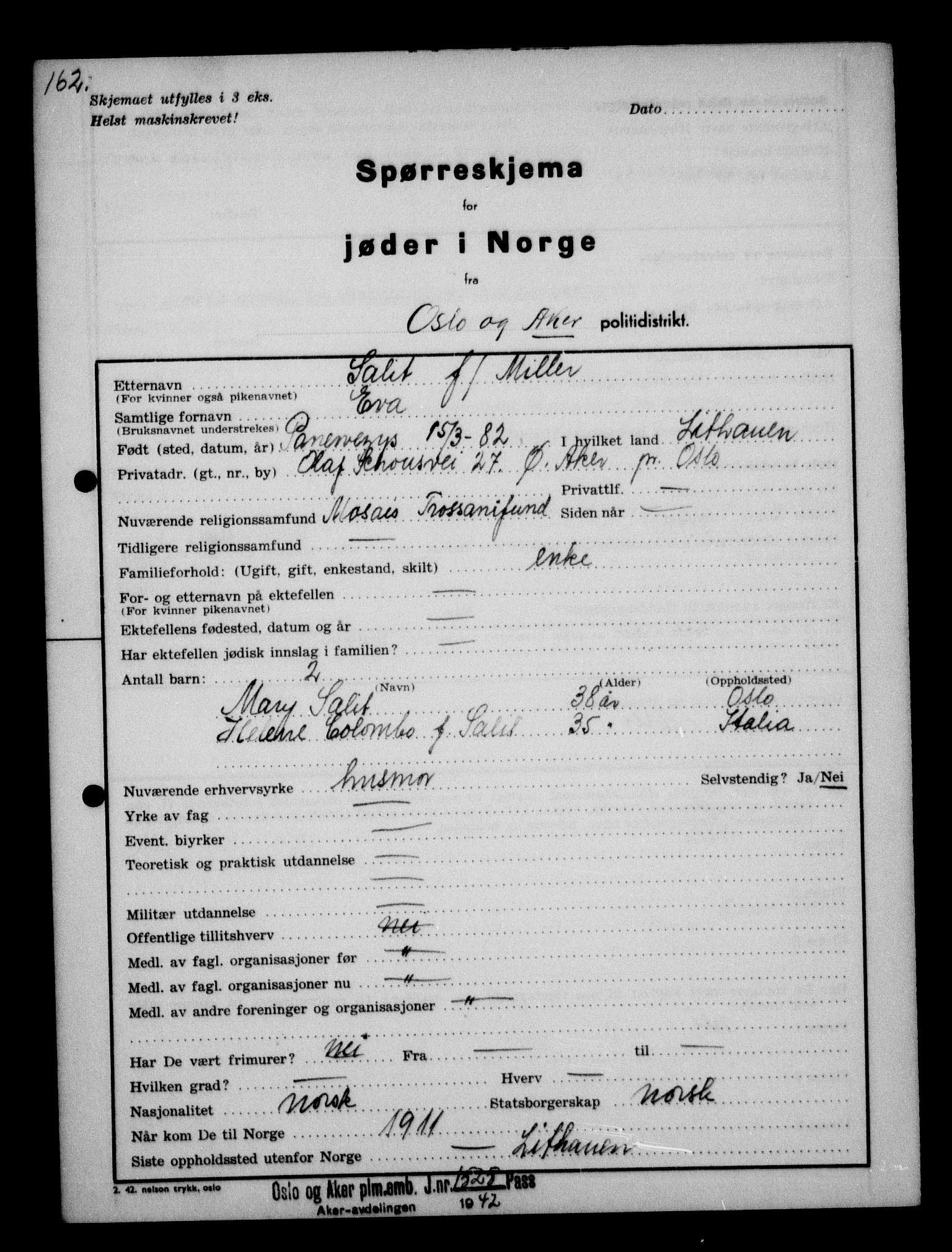 Statspolitiet - Hovedkontoret / Osloavdelingen, AV/RA-S-1329/G/Ga/L0012: Spørreskjema for jøder i Norge. 1: Aker 114- 207 (Levinson-Wozak) og 656 (Salomon). 2: Arendal-Hordaland. 3: Horten-Romerike.  , 1942, s. 147