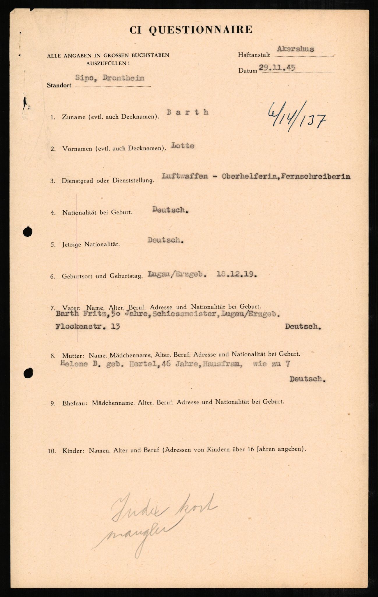 Forsvaret, Forsvarets overkommando II, AV/RA-RAFA-3915/D/Db/L0002: CI Questionaires. Tyske okkupasjonsstyrker i Norge. Tyskere., 1945-1946, s. 105