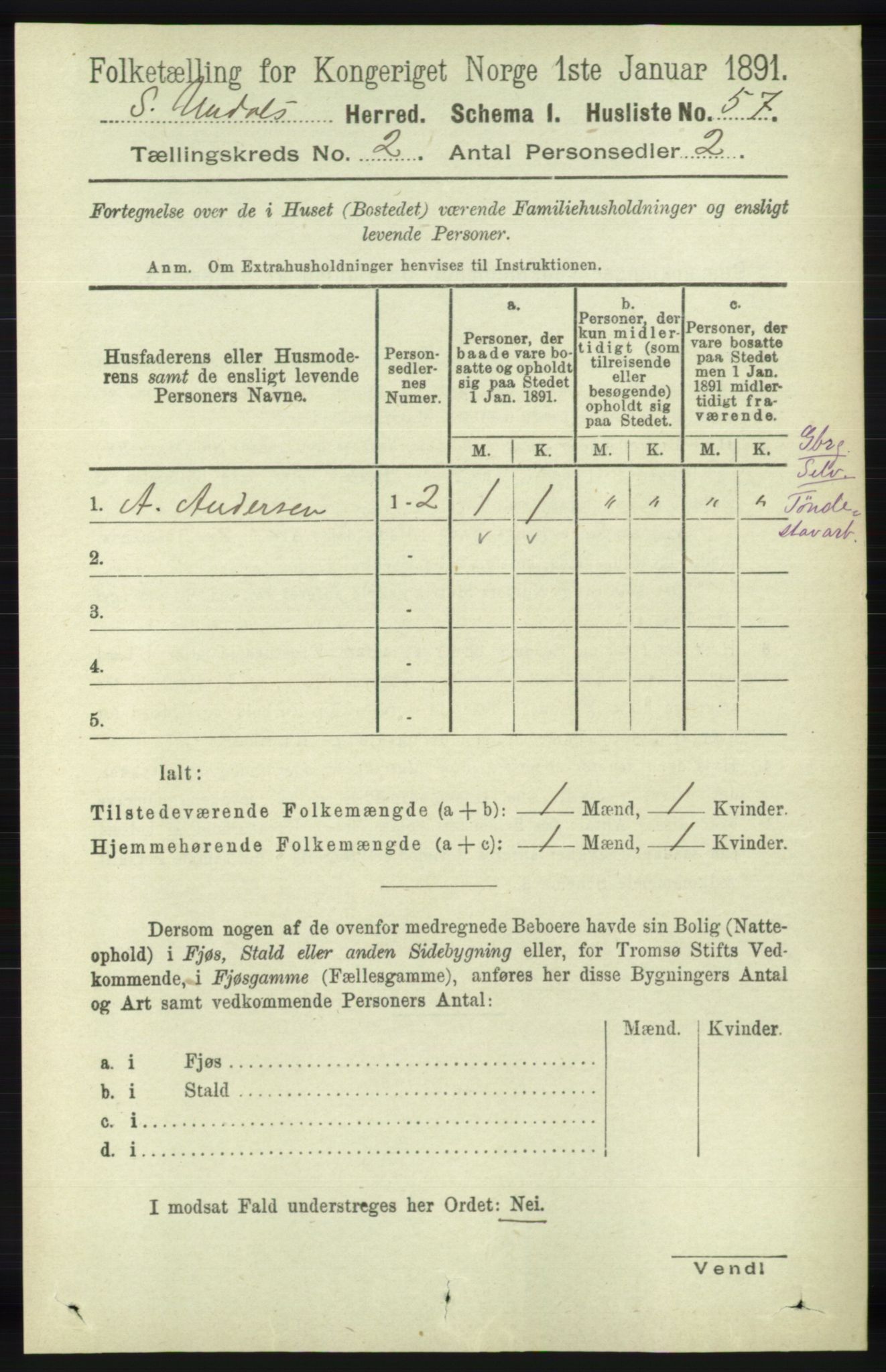 RA, Folketelling 1891 for 1029 Sør-Audnedal herred, 1891, s. 400