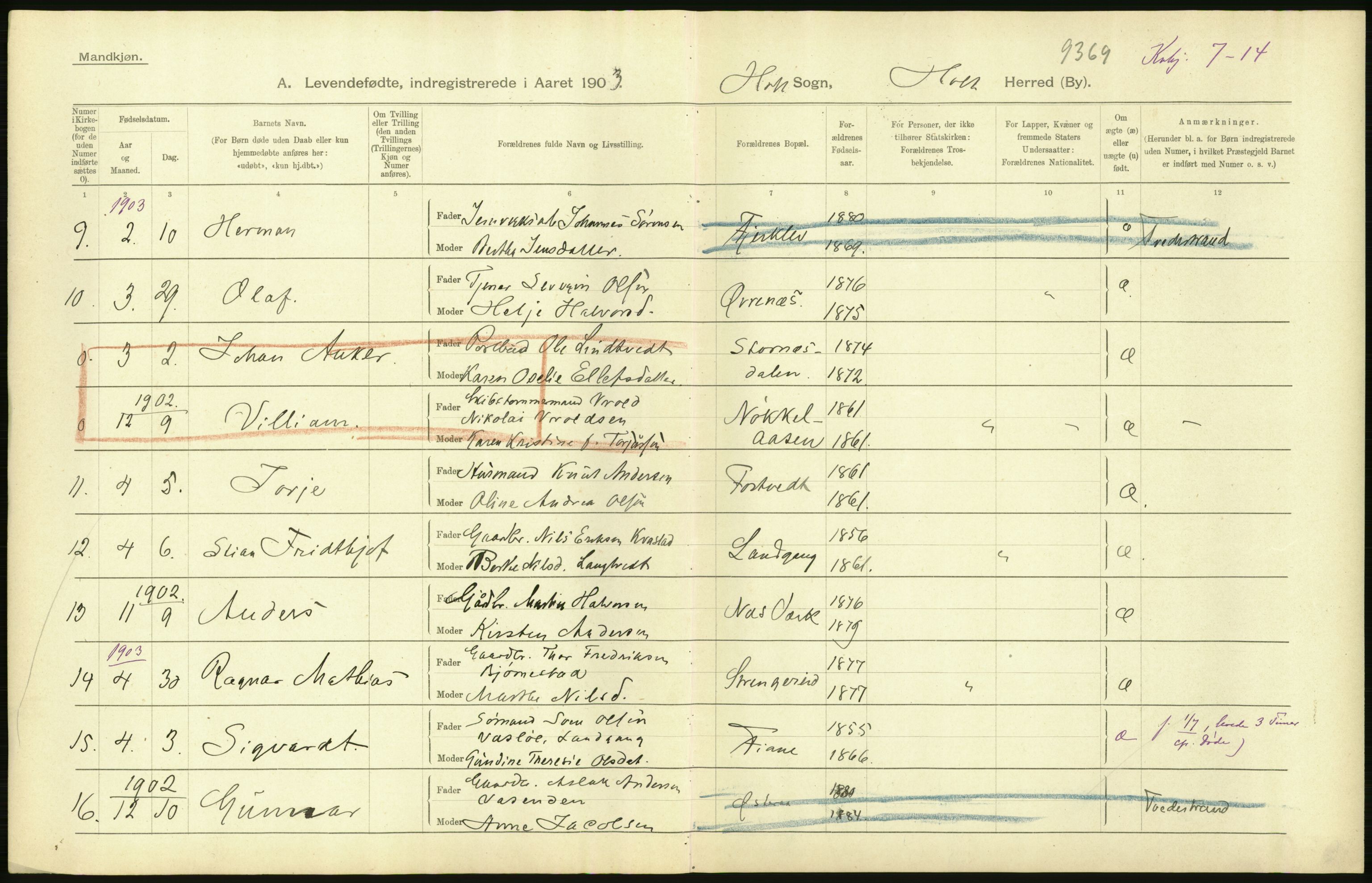 Statistisk sentralbyrå, Sosiodemografiske emner, Befolkning, AV/RA-S-2228/D/Df/Dfa/Dfaa/L0010: Nedenes amt: Fødte, gifte, døde, 1903, s. 64