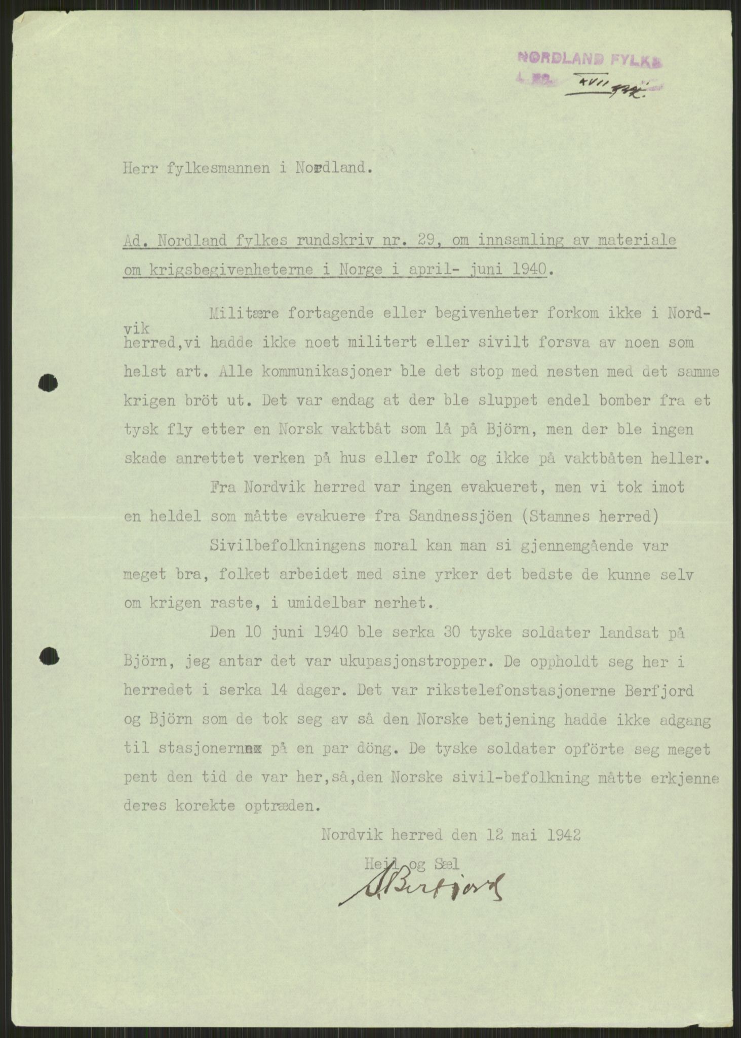 Forsvaret, Forsvarets krigshistoriske avdeling, AV/RA-RAFA-2017/Y/Ya/L0017: II-C-11-31 - Fylkesmenn.  Rapporter om krigsbegivenhetene 1940., 1940, s. 261