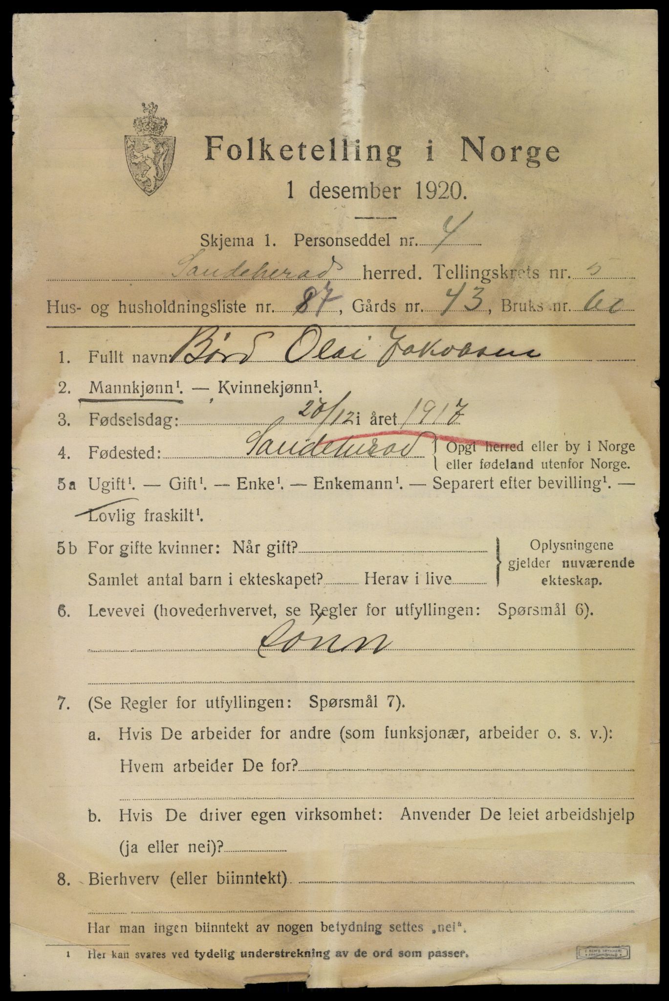SAKO, Folketelling 1920 for 0724 Sandeherred herred, 1920, s. 9222