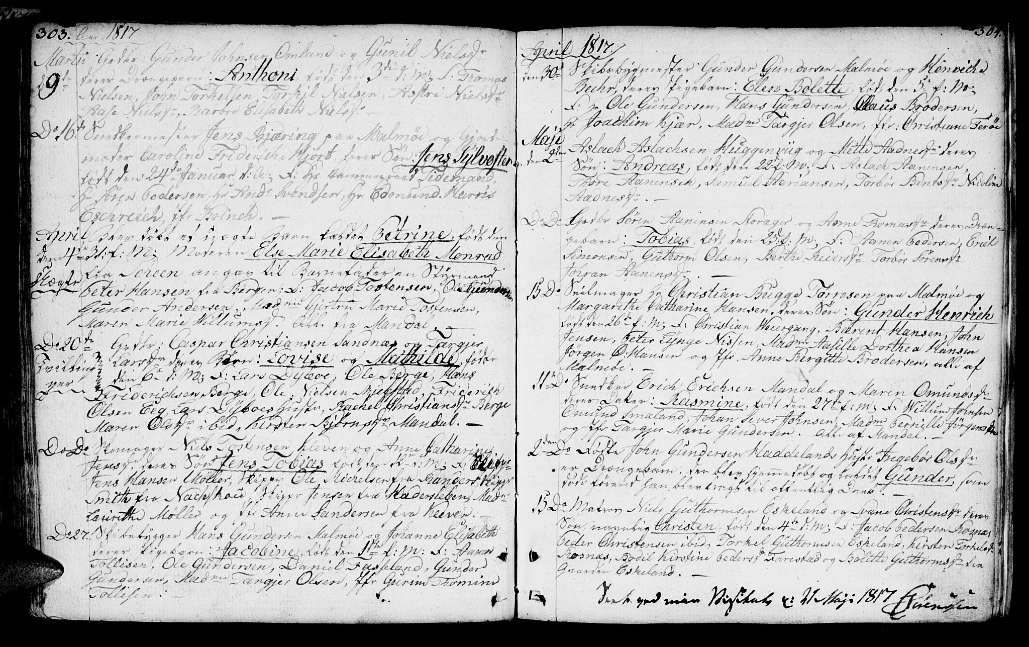Mandal sokneprestkontor, AV/SAK-1111-0030/F/Fa/Faa/L0008: Ministerialbok nr. A 8, 1794-1817, s. 303-304