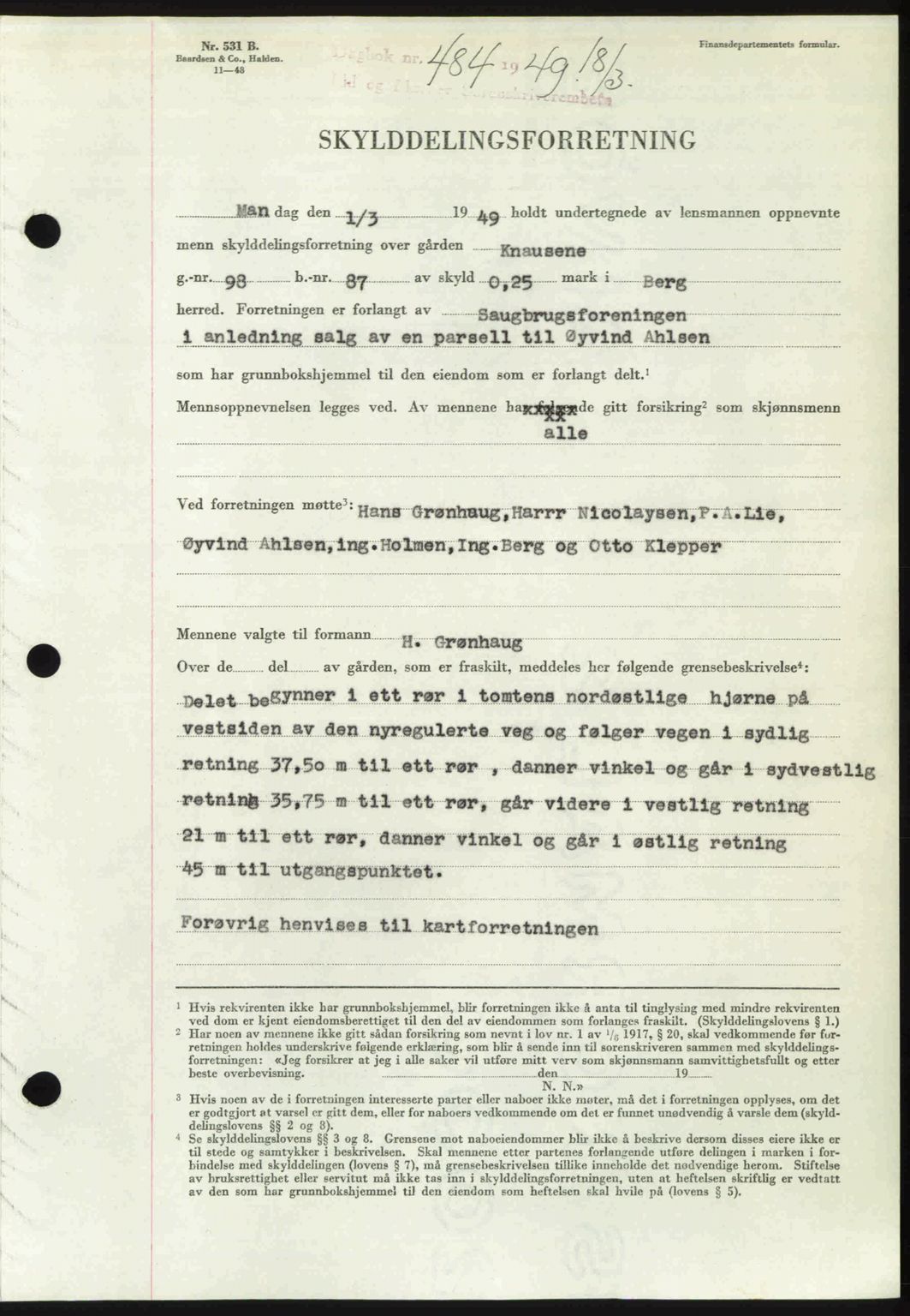 Idd og Marker sorenskriveri, SAO/A-10283/G/Gb/Gbb/L0012: Pantebok nr. A12, 1949-1949, Dagboknr: 484/1949