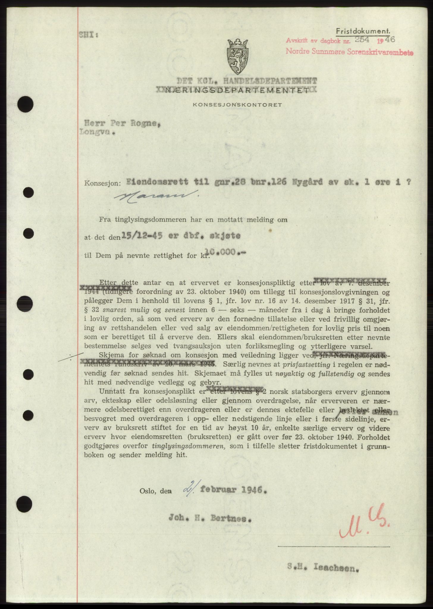 Nordre Sunnmøre sorenskriveri, SAT/A-0006/1/2/2C/2Ca: Pantebok nr. B6-14 b, 1946-1947, Dagboknr: 254/1946