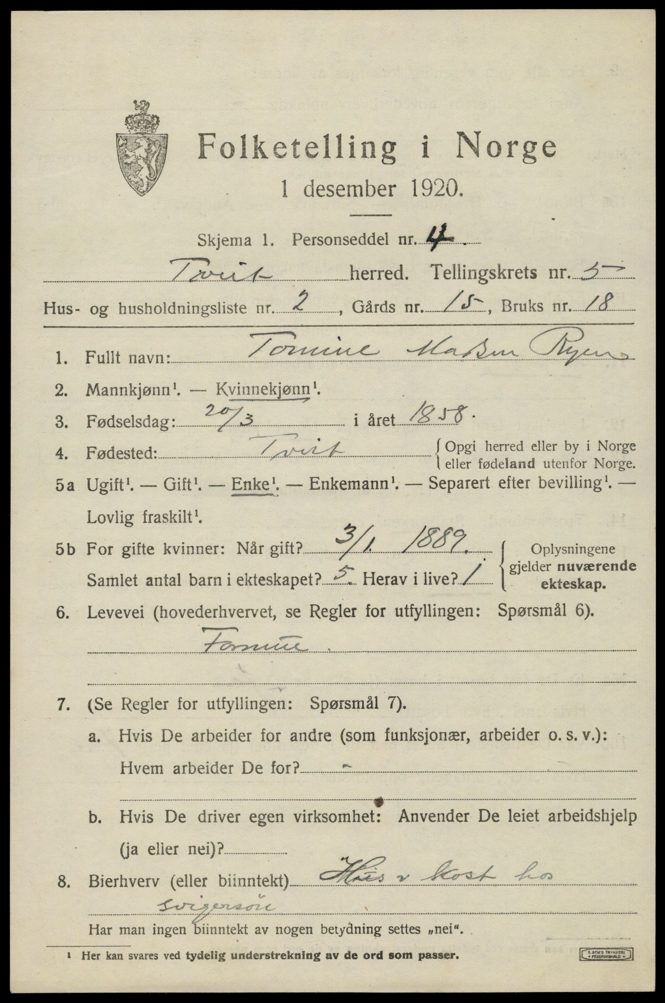 SAK, Folketelling 1920 for 1013 Tveit herred, 1920, s. 2436