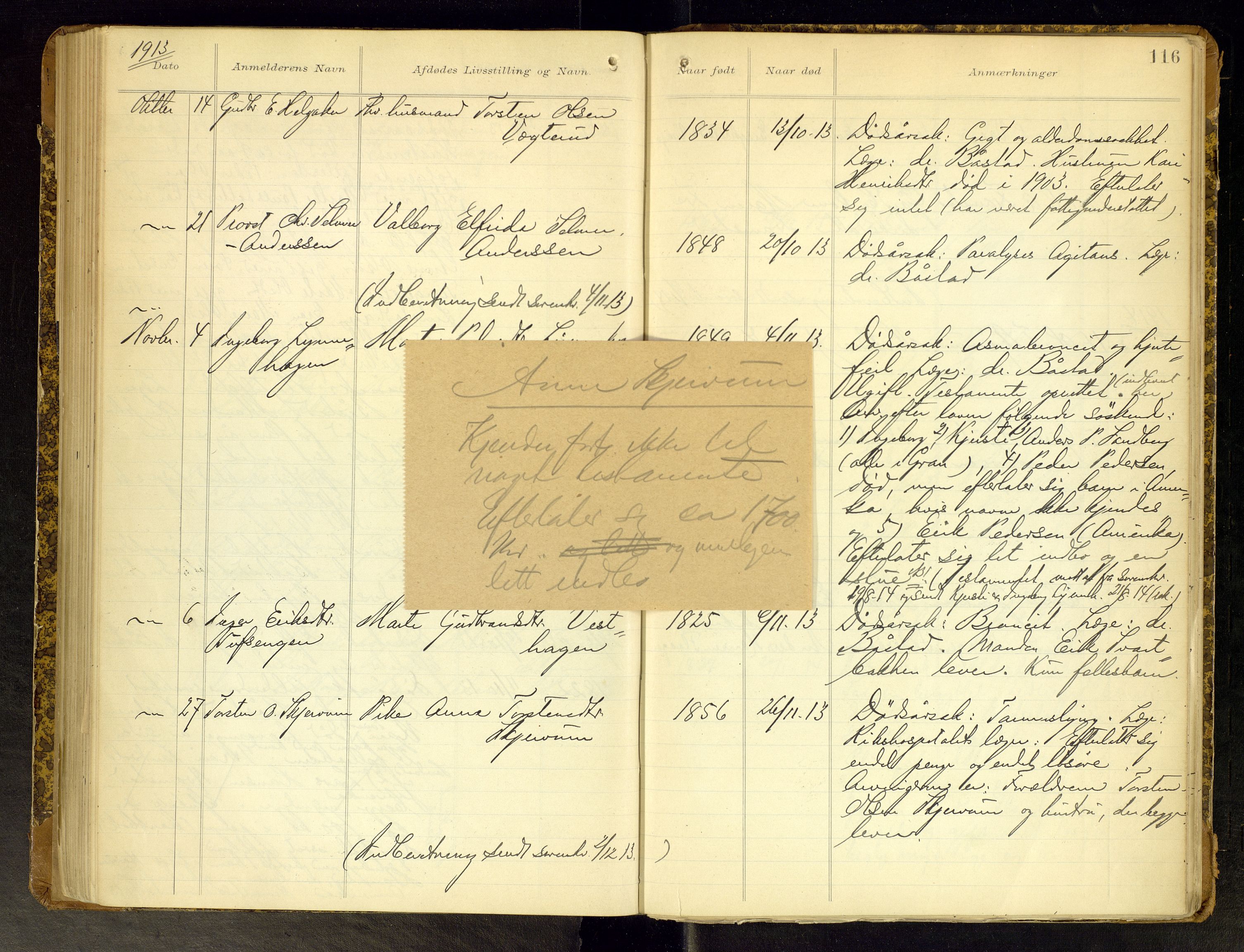Gran lensmannskontor, AV/SAH-LOG-010/H/Ha/L0002: Dødsfallsprotokoll, 1899-1917, s. 116