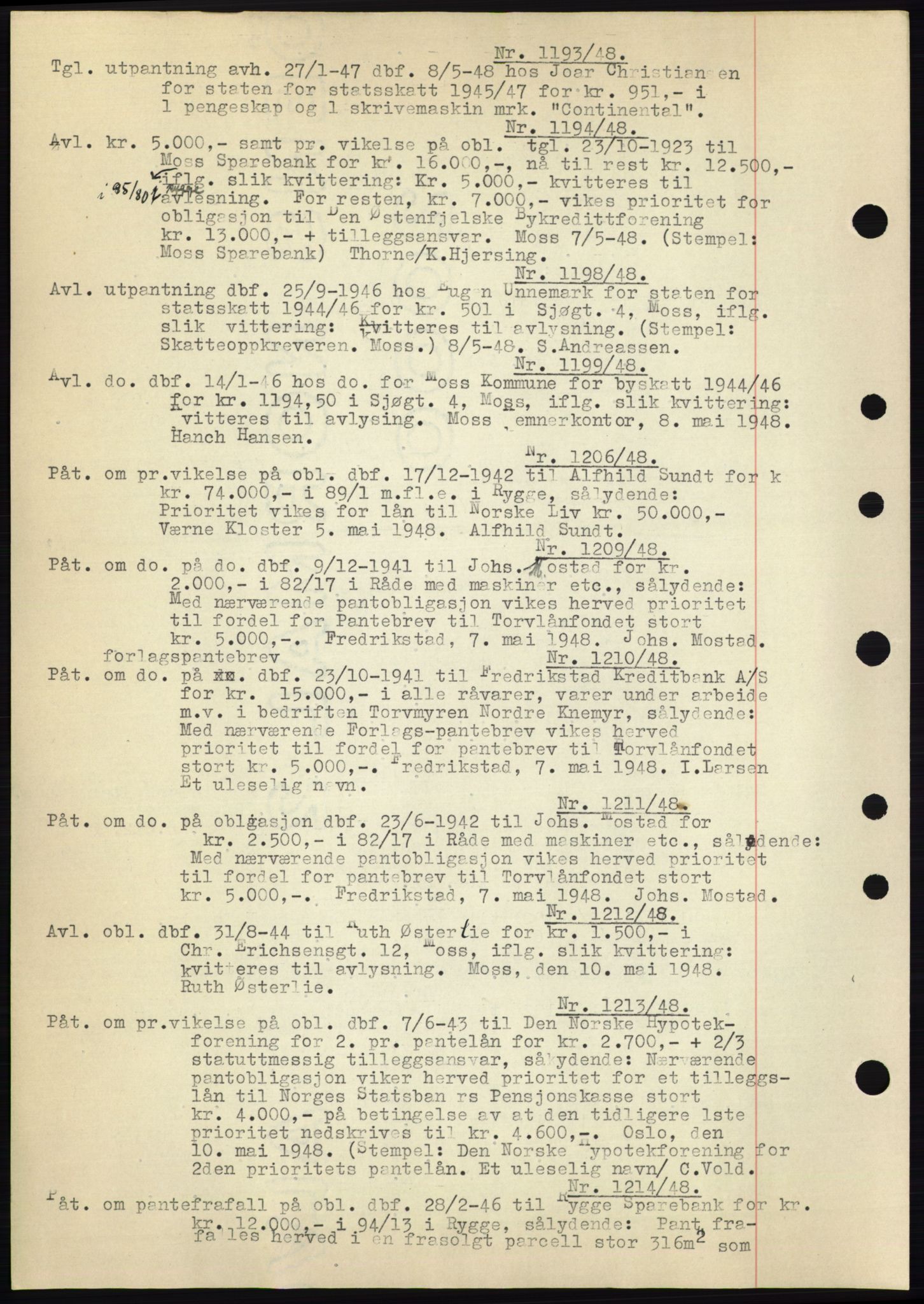 Moss sorenskriveri, SAO/A-10168: Pantebok nr. C10, 1938-1950, Dagboknr: 1193/1948