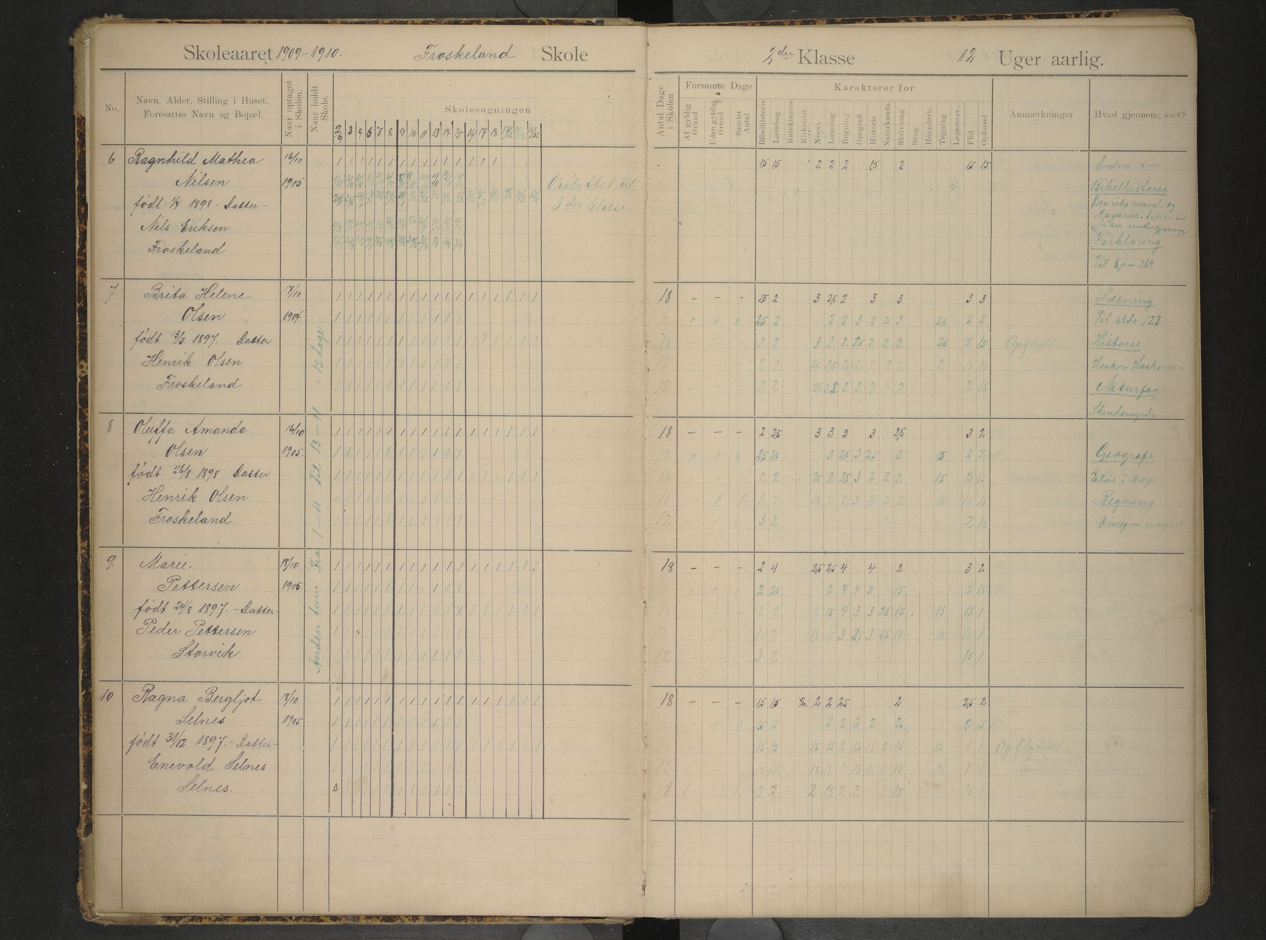 Hadsel kommune. Frøskeland skolekrets, AIN/K-18660.510.40/G/L0003: Skoleprotokoll for Frøskeland skole. 2. og 3. klasse, 1908-1920