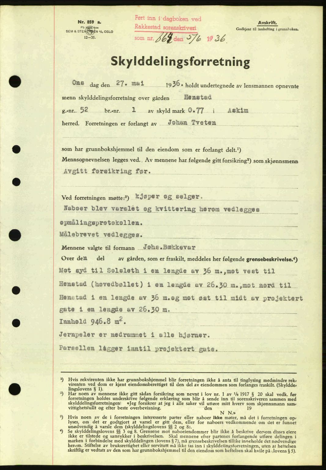 Rakkestad sorenskriveri, SAO/A-10686/G/Gb/Gba/Gbab/L0001: Pantebok nr. A1, 1936-1937, Dagboknr: 864/1936