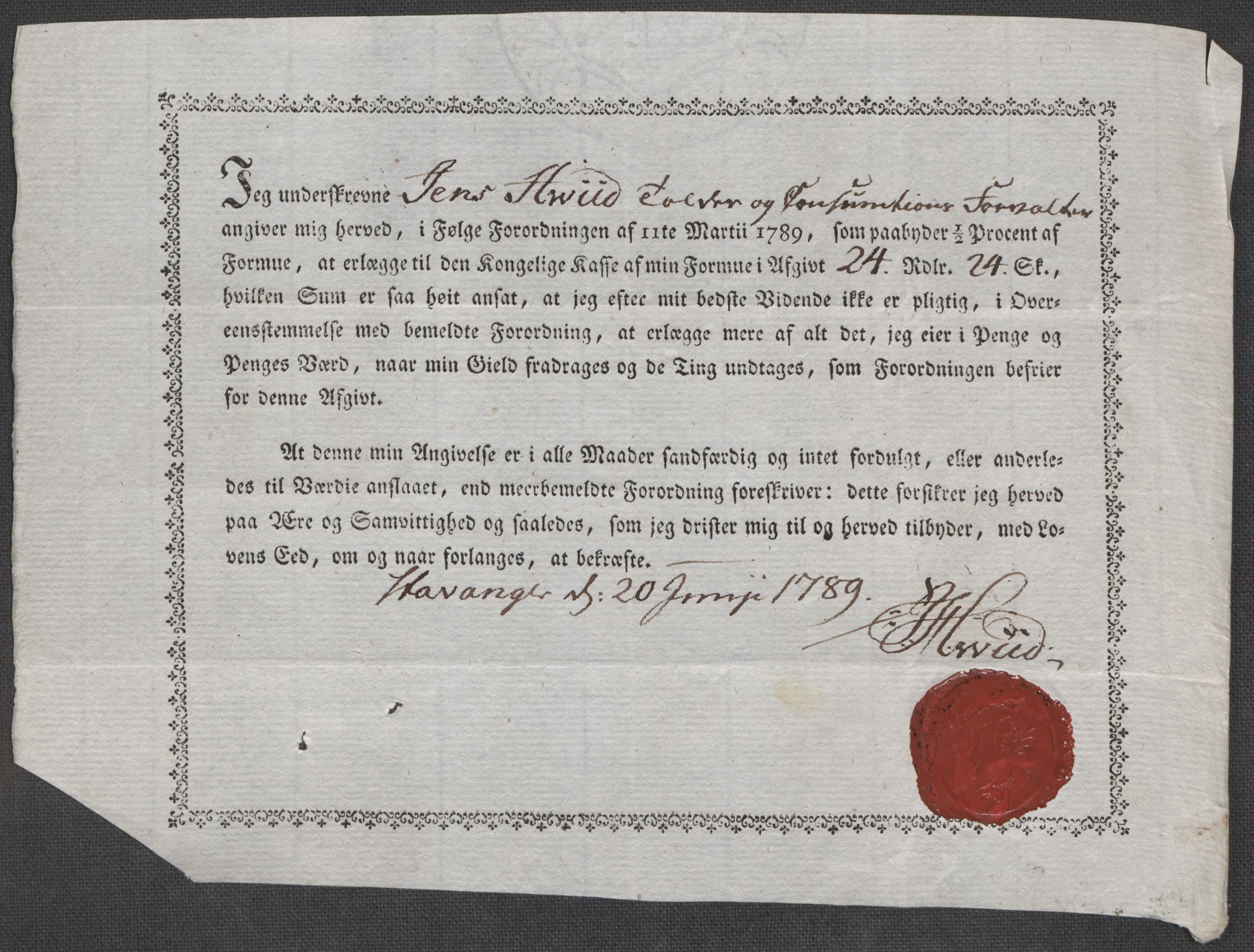 Rentekammeret inntil 1814, Reviderte regnskaper, Mindre regnskaper, AV/RA-EA-4068/Rf/Rfe/L0045: Stavanger, Stjørdal og Verdal fogderi, 1789, s. 118