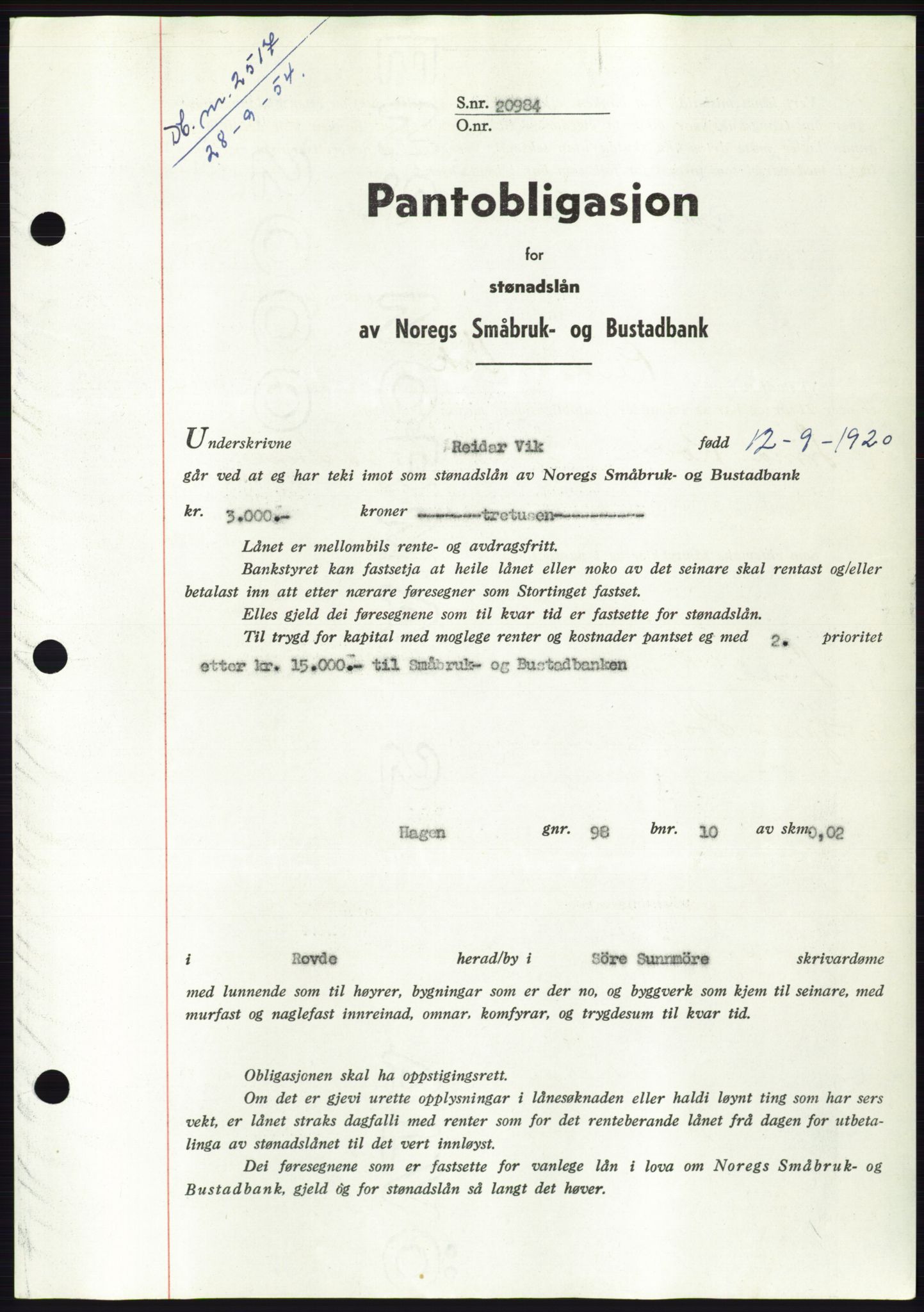 Søre Sunnmøre sorenskriveri, SAT/A-4122/1/2/2C/L0125: Pantebok nr. 13B, 1954-1954, Dagboknr: 2517/1954