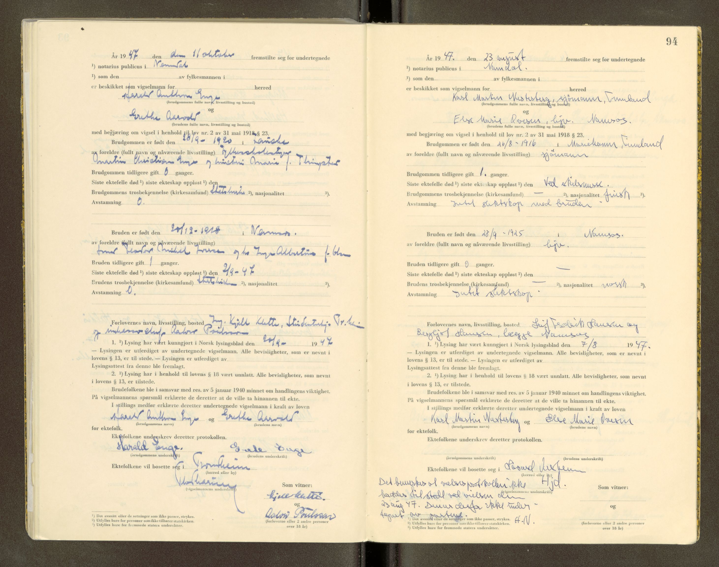 Namdal sorenskriveri, SAT/A-4133/1/6/6D/L0001: Vigselbøker, 1940-1948, s. 94