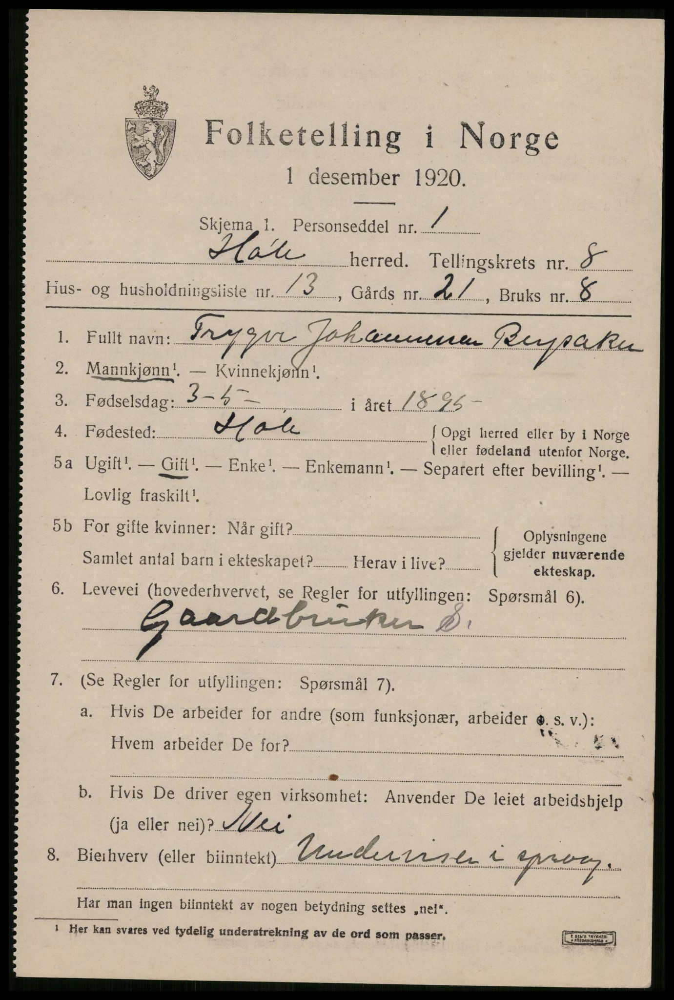 SAST, Folketelling 1920 for 1128 Høle herred, 1920, s. 2383