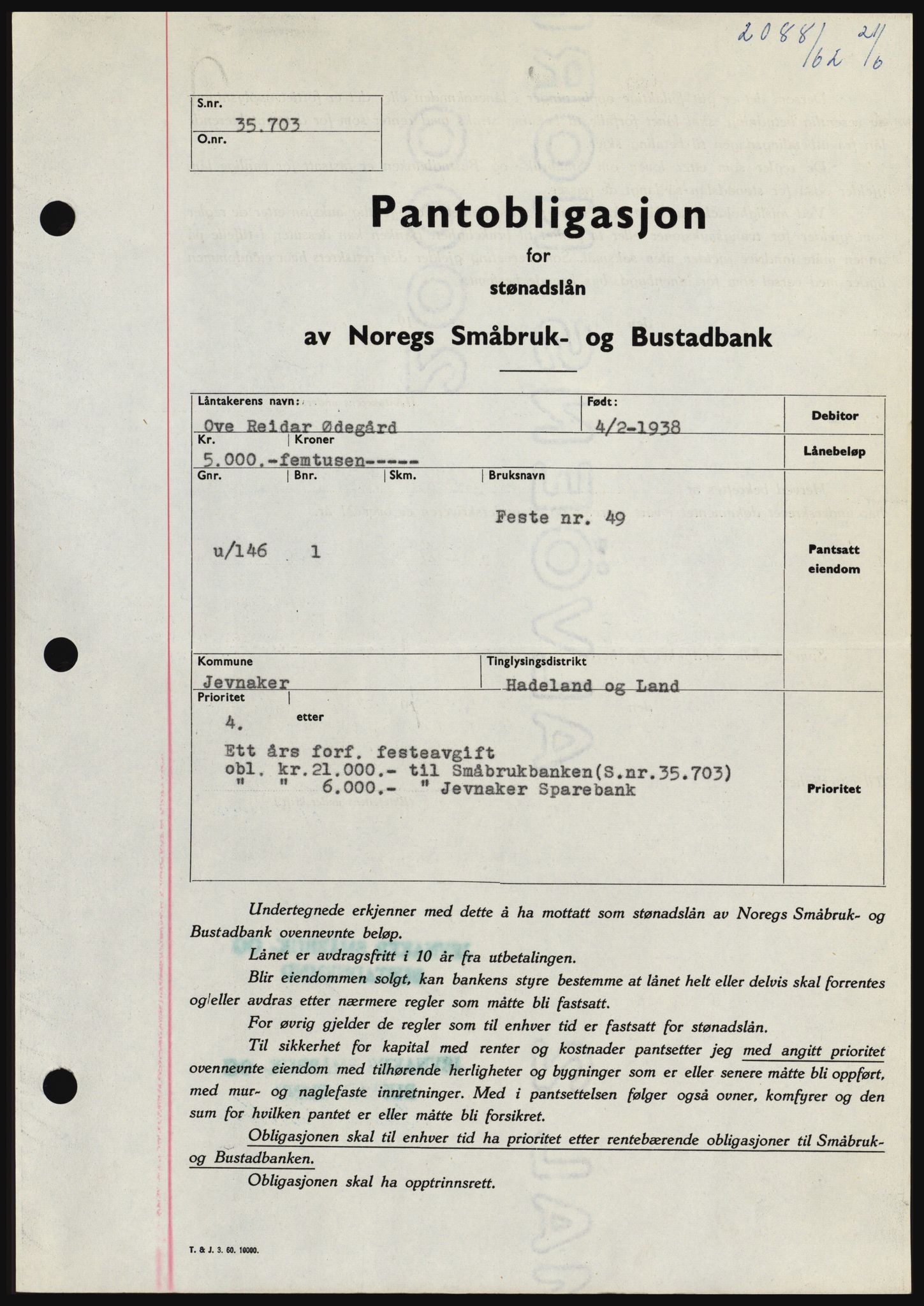 Hadeland og Land tingrett, SAH/TING-010/H/Hb/Hbc/L0048: Pantebok nr. B48, 1962-1962, Dagboknr: 2088/1962