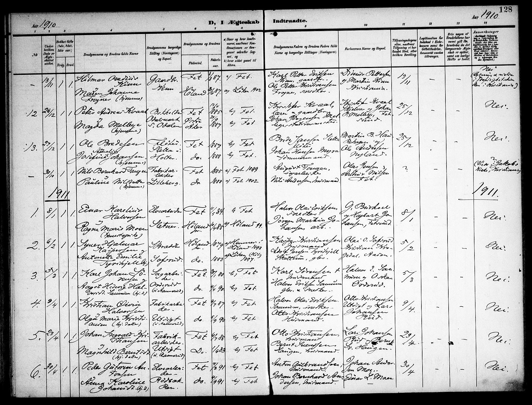 Fet prestekontor Kirkebøker, AV/SAO-A-10370a/F/Fa/L0016: Ministerialbok nr. I 16, 1905-1914, s. 128